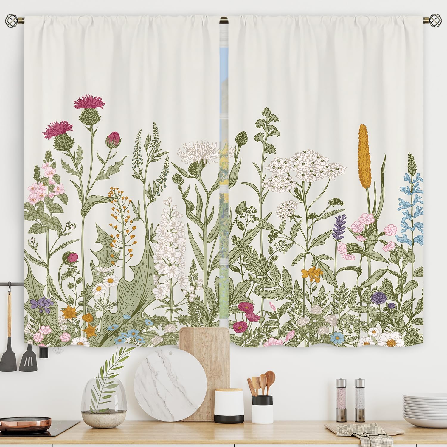 Floral Kitchen Curtains Small Wildflower Cafe Curtains Green Leaves Plant Botanical Rod Pocket Farmhouse Sage Herb Living Room Bedroom Window Drape Treatment Fabric 2 Panels 27.5 X 39 Inch