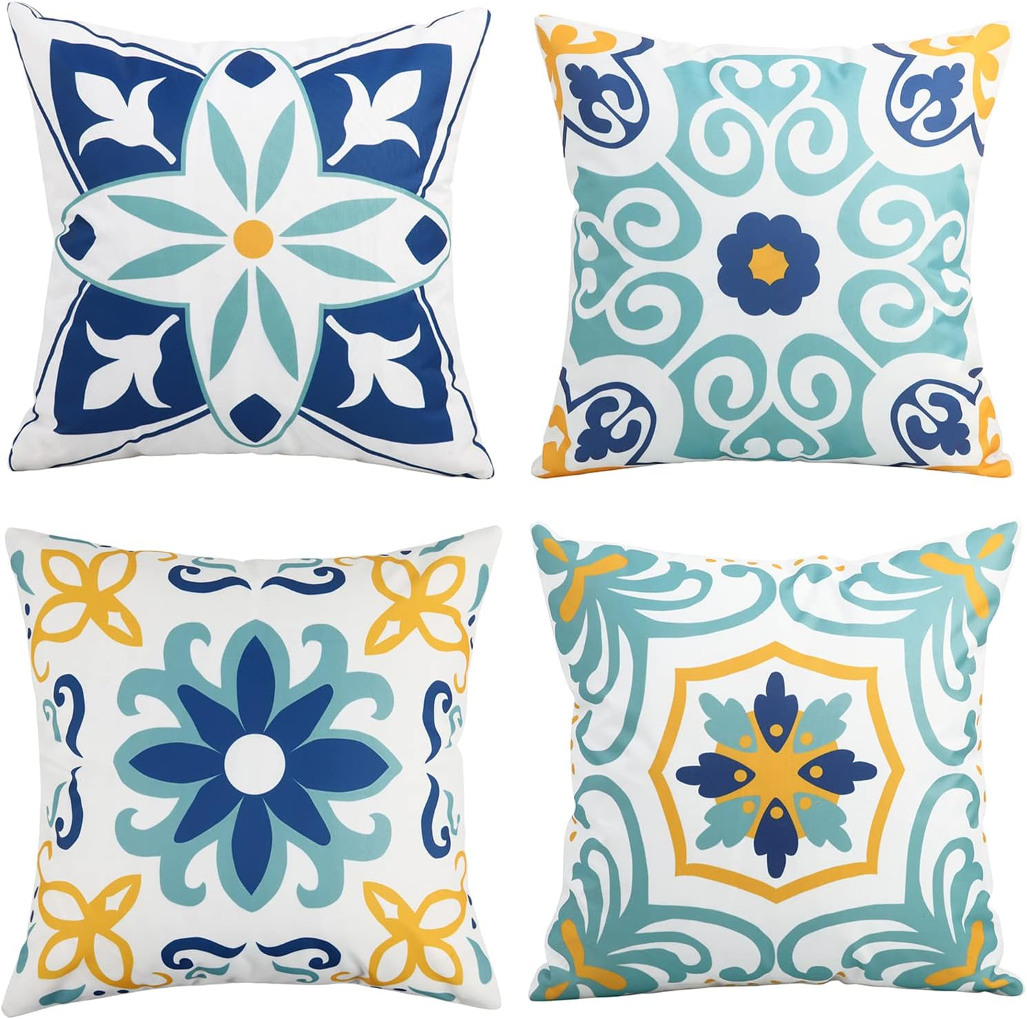 Outdoor Waterproof Throw Pillow Covers Set of 4 Floral Printed and Boho Farmhouse Outdoor Pillow Covers for Patio Funiture Garden 18X18 Inch Blue