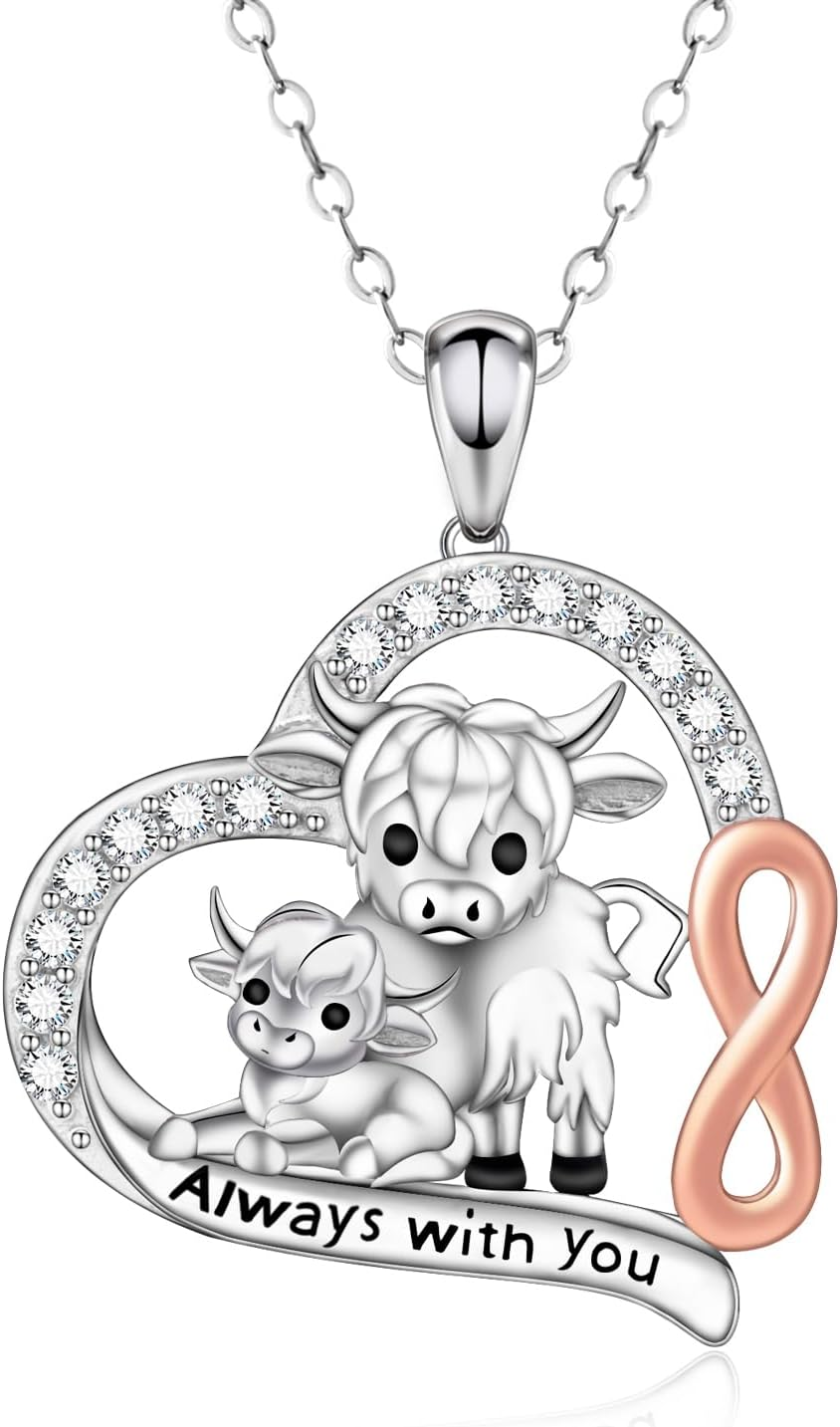 925 Sterling Silver Highland Cow Necklace Heart Love Pendant Gifts for Women Mom