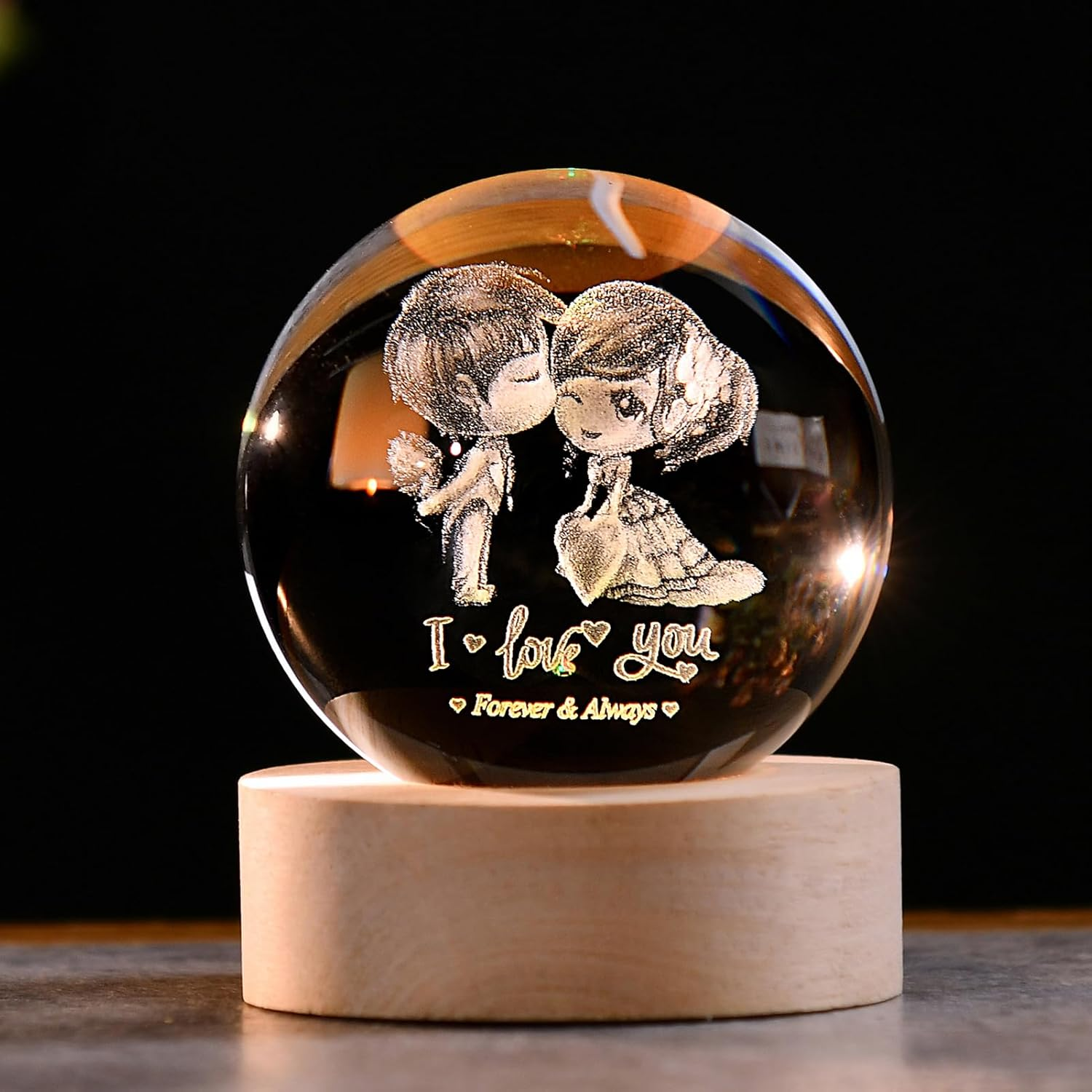 3D Engraved Crystal Ball with Lighted Base - Romantic Gift for Her
