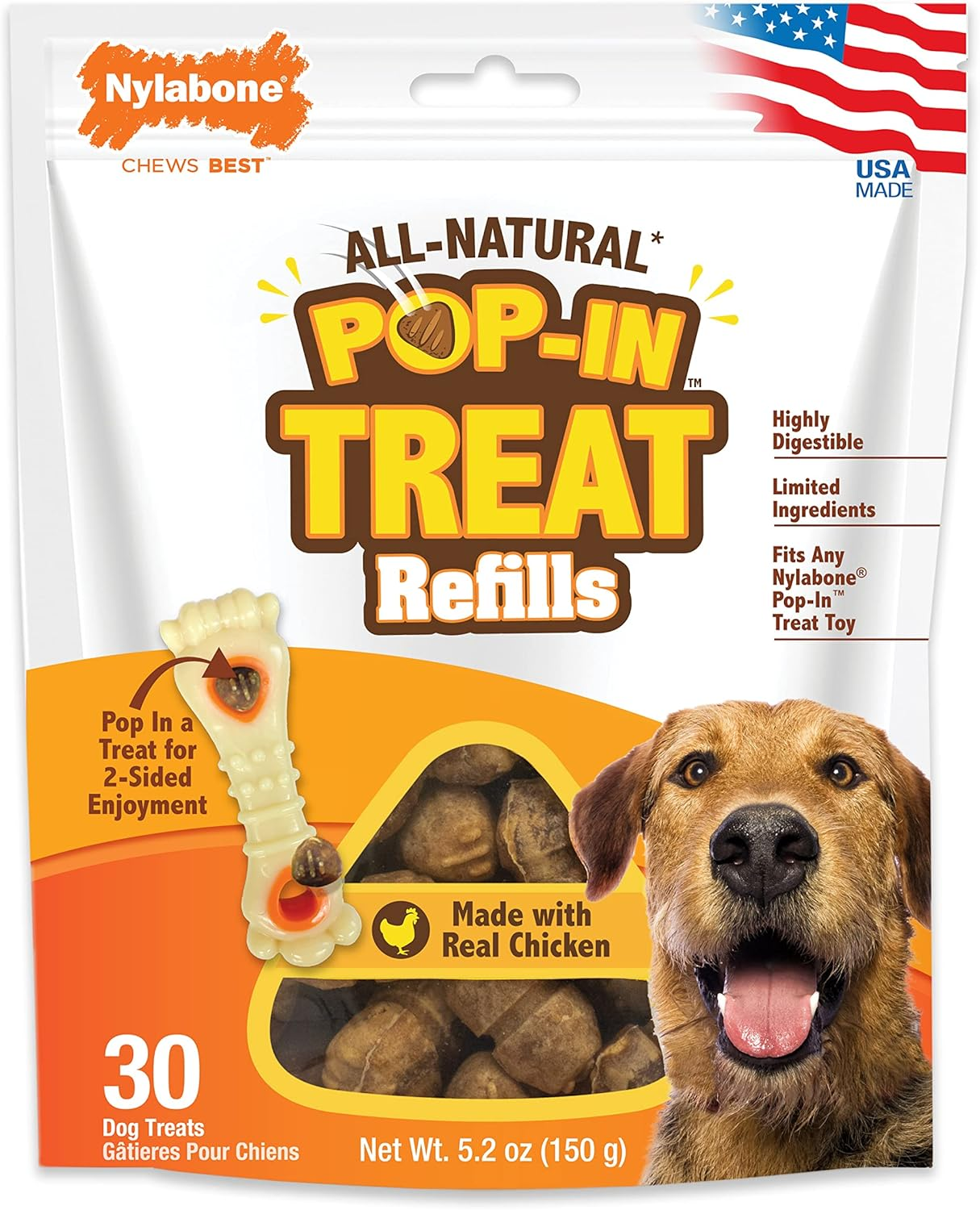Pop-In Treat-Toy Refill Chews, All-Natural Dog Treats for Treat Dispensing Toys, Chicken Flavor, 30 Count
