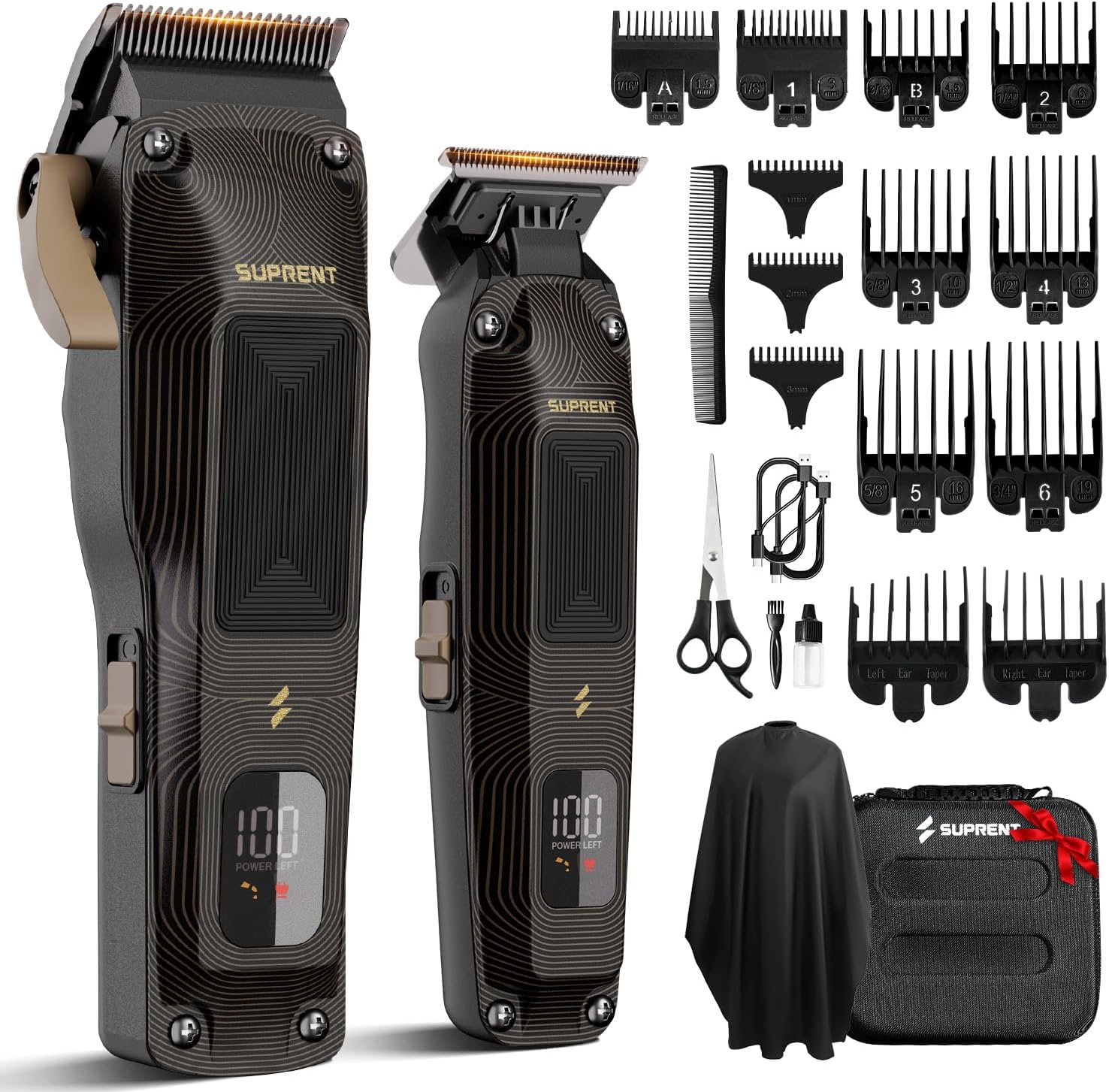 SUPRENT Ripple Professional Hair Clippers for Men, Cordless Barber Kit with 7500RPM High-Speed Motor, Adjustable Zero-Gapped Blades, 10 Guard Combs & Storage Bag, Heavy-Duty Black Gold Design