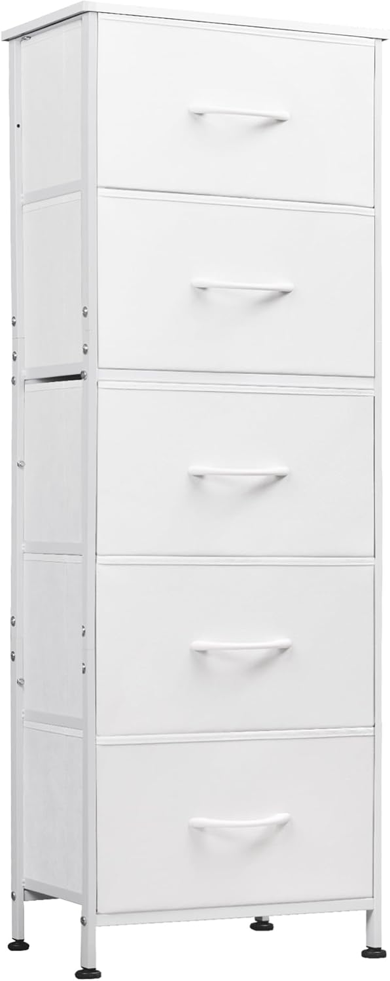 Fabric Dresser, 5-Drawer Tall Dressers for Bedroom, Storage Dresser Organizer with Fabric Bins, Wood Top, Sturdy Steel Frame, Chest of Drawers for Closet, Hallway, White