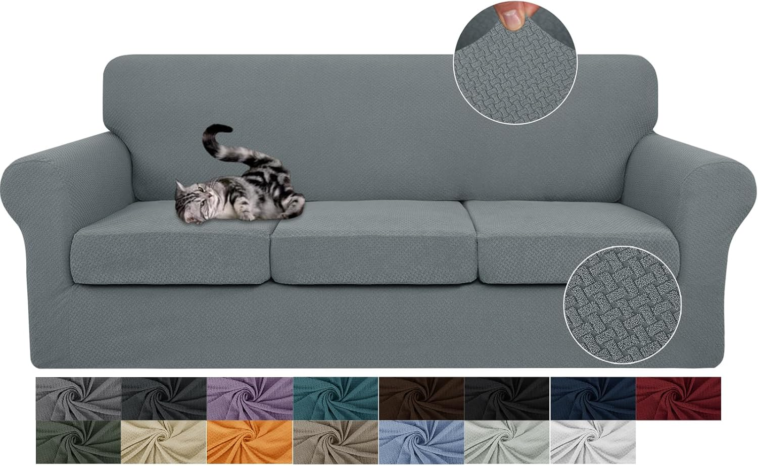 4 Pieces Couch Covers for 3 Cushion Couch Stretch Sofa Slipcover with 3 Seat Cushion Covers Thick Fitted Couch Cover for Pet Dogs Furniture Protector (Sofa, Light Gray)