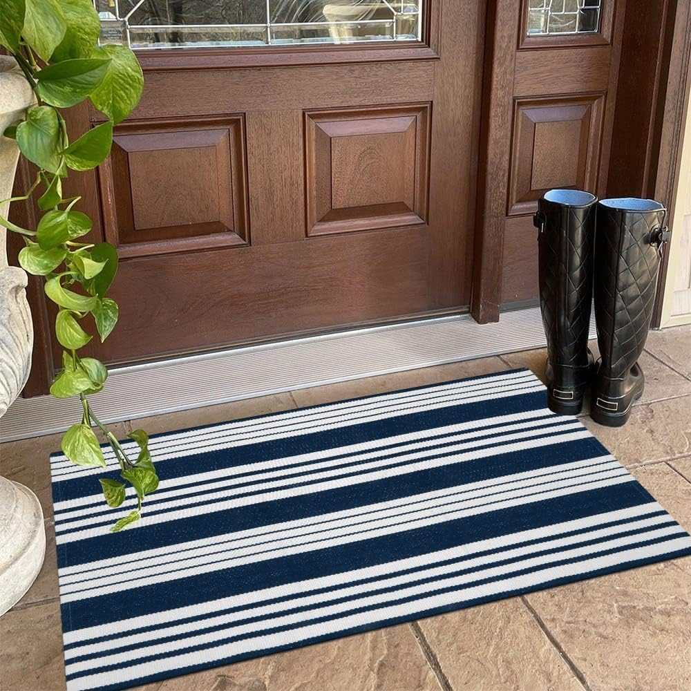Outdoor Entryway Rug 24''X51'', Machine Washable Front Door Mats Cotton Woven Blue and White Outdoor Rugs Porch Rug Striped Kitchen Runner Indoor Door Mat for Farmhouse/Entry/Home Entrance