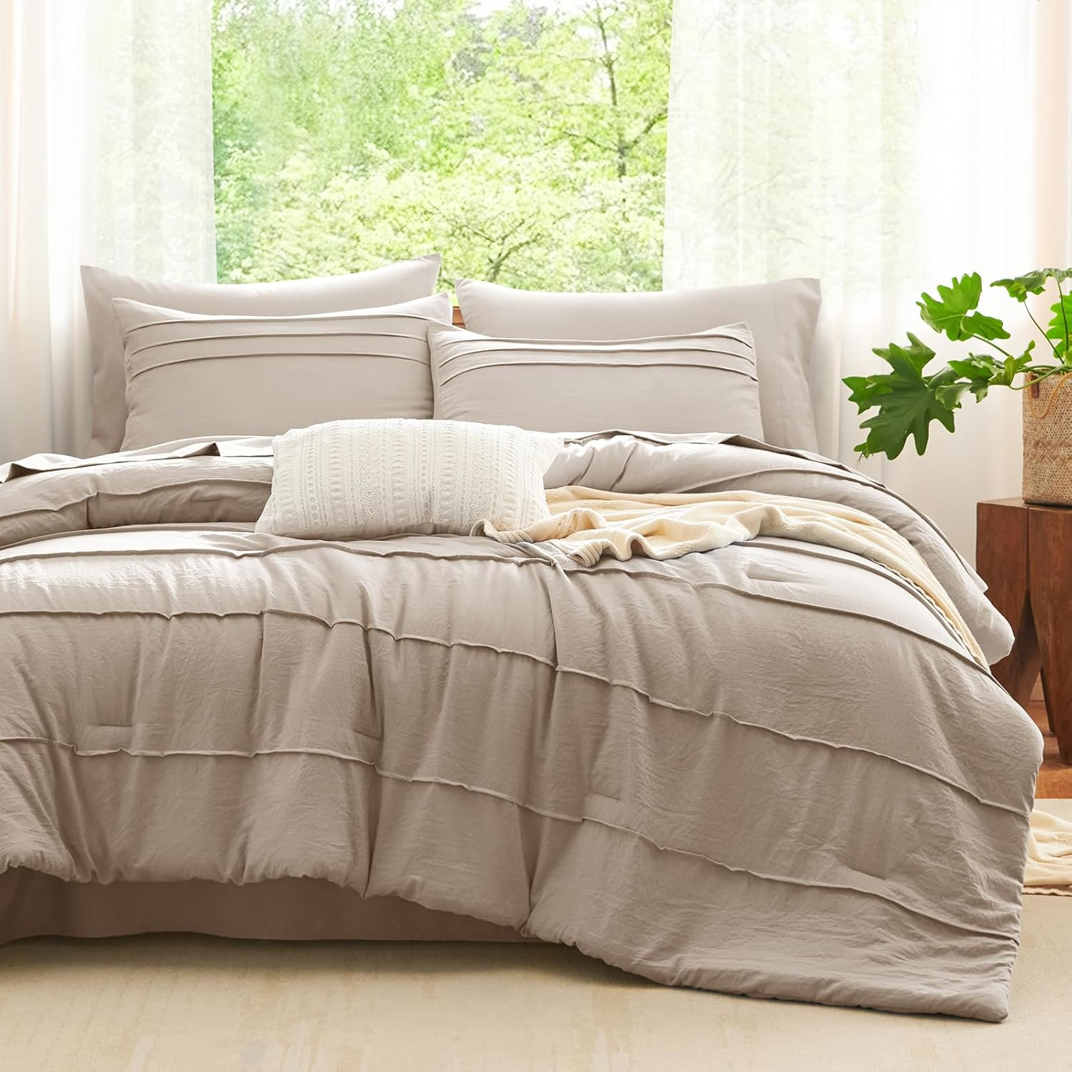 Queen Comforter Set Wheat, 7 Pieces Soft Pinch Pleat Bed in a Bag Queen Comforter Set with Sheets, Boho Bed Set with down Alternative Comforter, Sheets, Pillowcases & Shams