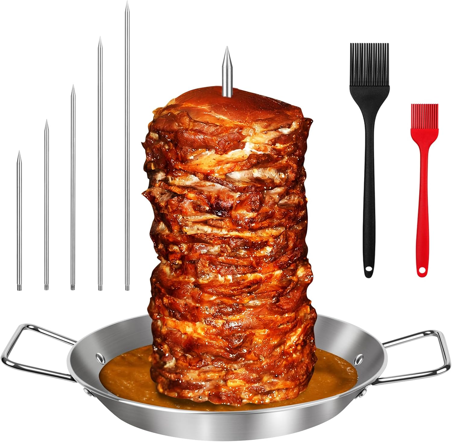 Al Pastor Skewer for Grill, Extra Large 13 Inch Gyro Pan with Fat Separator, Brazilian Spit Stand with 5 Spikes & 2 Brushes, Stainless Steel Vertical Sticks for Shawarma, Chicken on Smoker Oven