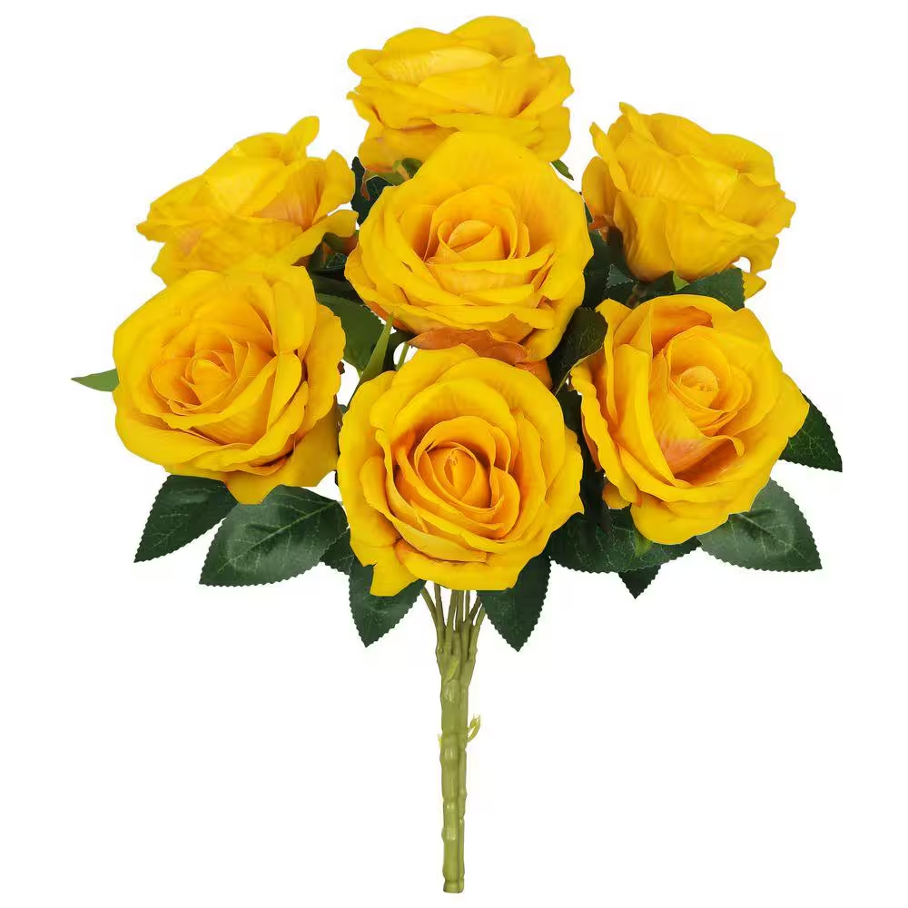 16 In. Yellow Artificial Velvet Rose Flower Stem Bush Bouquet (Set-2)