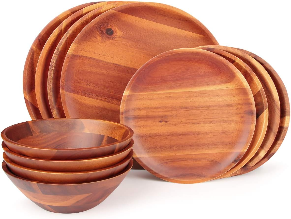 Wood Dinnerware Set 12Pcs Acacia Wood Tableware Set, Dishes Set for 4