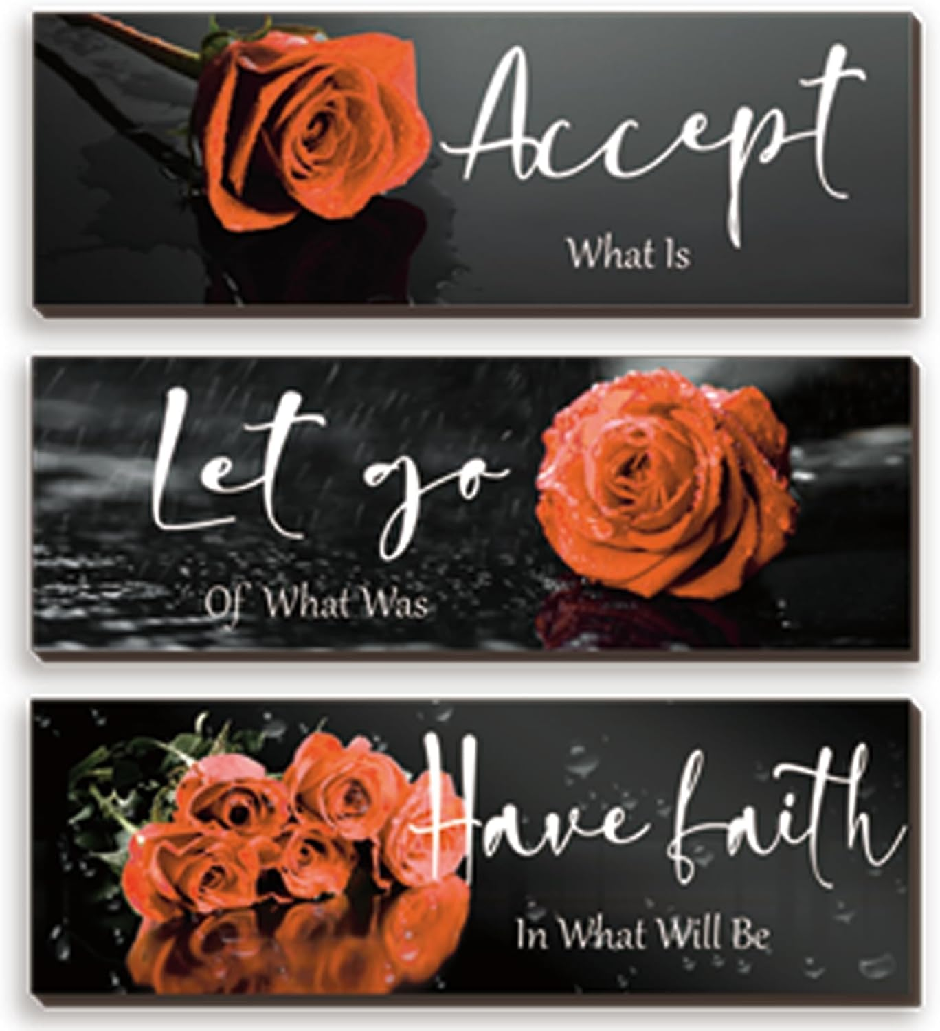 3 Pcs Orange Bathroom Decor Inspirational Orange Wall Decor Wooden Orange Rose Farmhouse Wall Art With Accept Let Go Have Faith Quotes For Girl Women Bedroom Office Living Room(yellow 12 X 4 Inch)