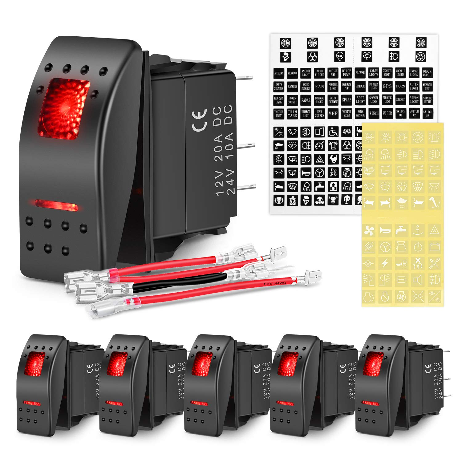 6 Pack Rocker Switches with Night Glow Stickers 5 PIN SPST Red Backlit 12V/24V Toggle for Cars Trucks Rvs Boats Auto Motorcycles