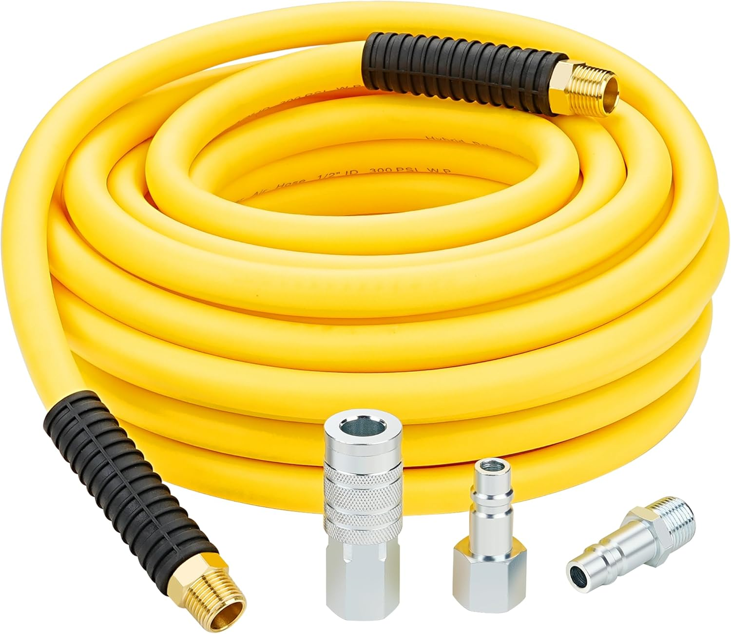 1/2 Inch X 50Ft. Hybrid Air Hose with 1/2 In. MNPT Ends and Bend Restrictors, 3PCS 1/2” Air Coupler and Plug Kit, Air Compressor Hose Fittings and Accessories