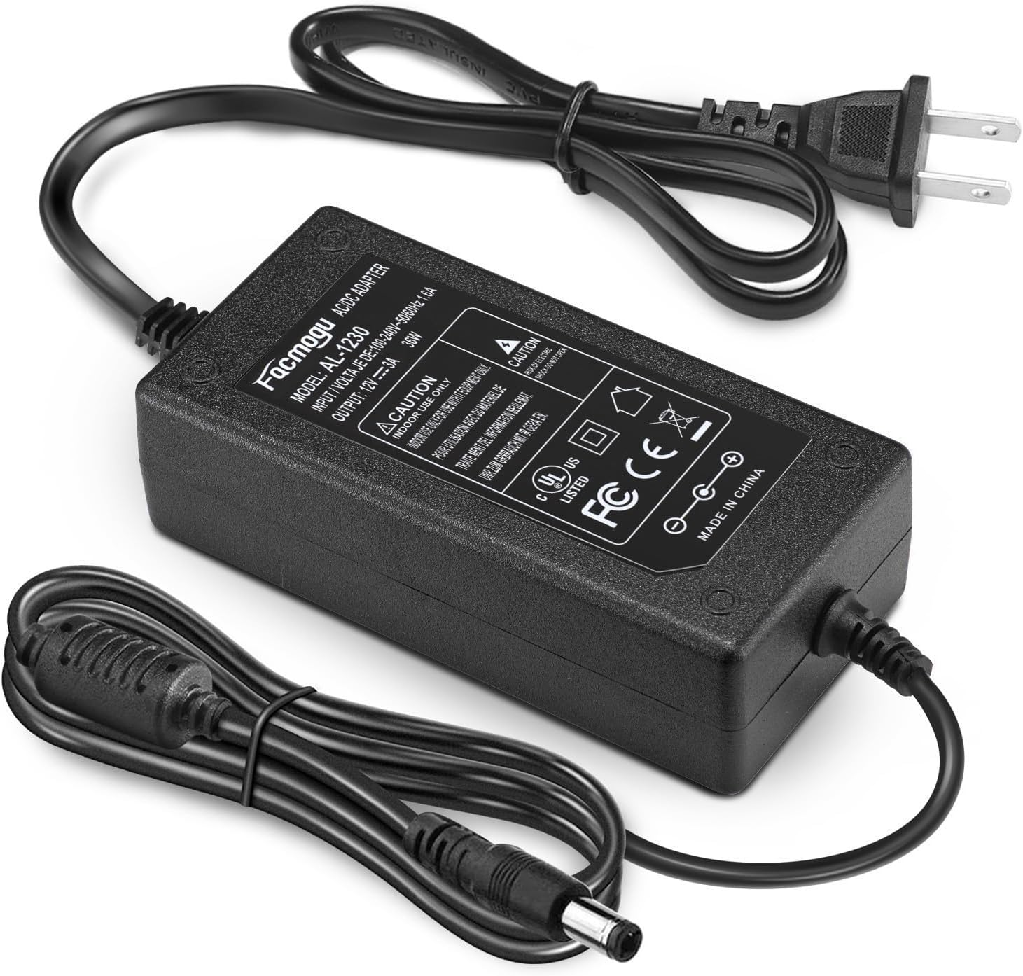 USA DC Power Adapter, 100-240V AC to DC 36W Power Suppy with Barrel 12V 3A