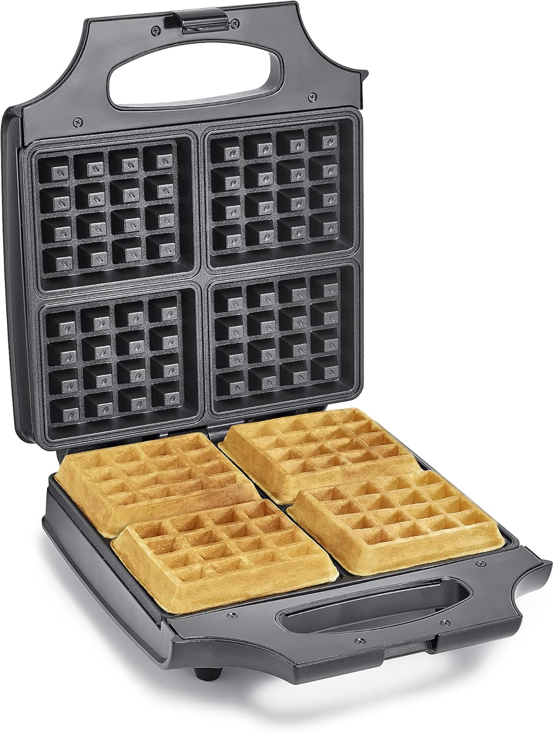 Classic Waffle Iron, 4 Square Belgian Waffle Maker, Non-Stick Extra Large Plates for Easy Cleanup, Cool Touch Handles, Stainless Steel, Black, 1400W