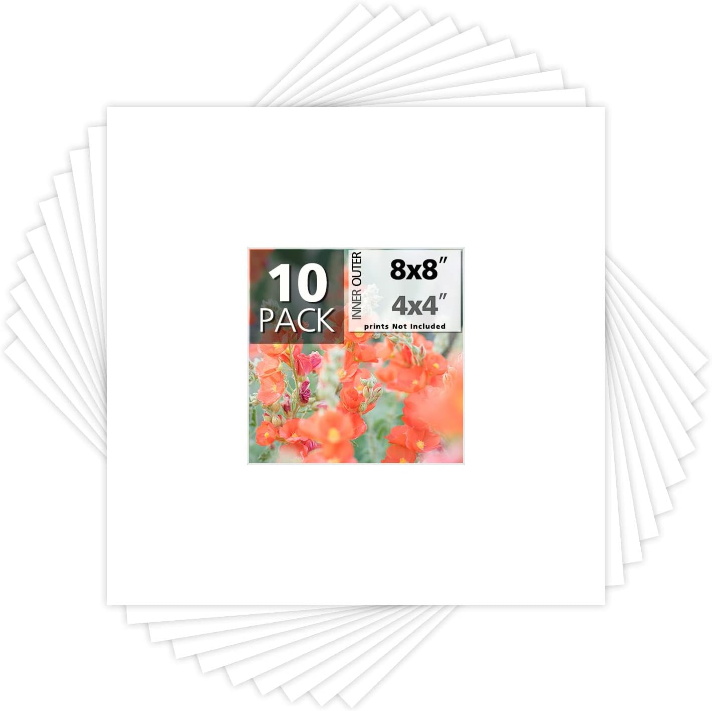 Mat Board Center, Pack of 10, 8X8 for 4X4 White Photo Picture Mats - Acid Free, 4-Ply Thickness, White Core - for Pictures, Photos, Framing