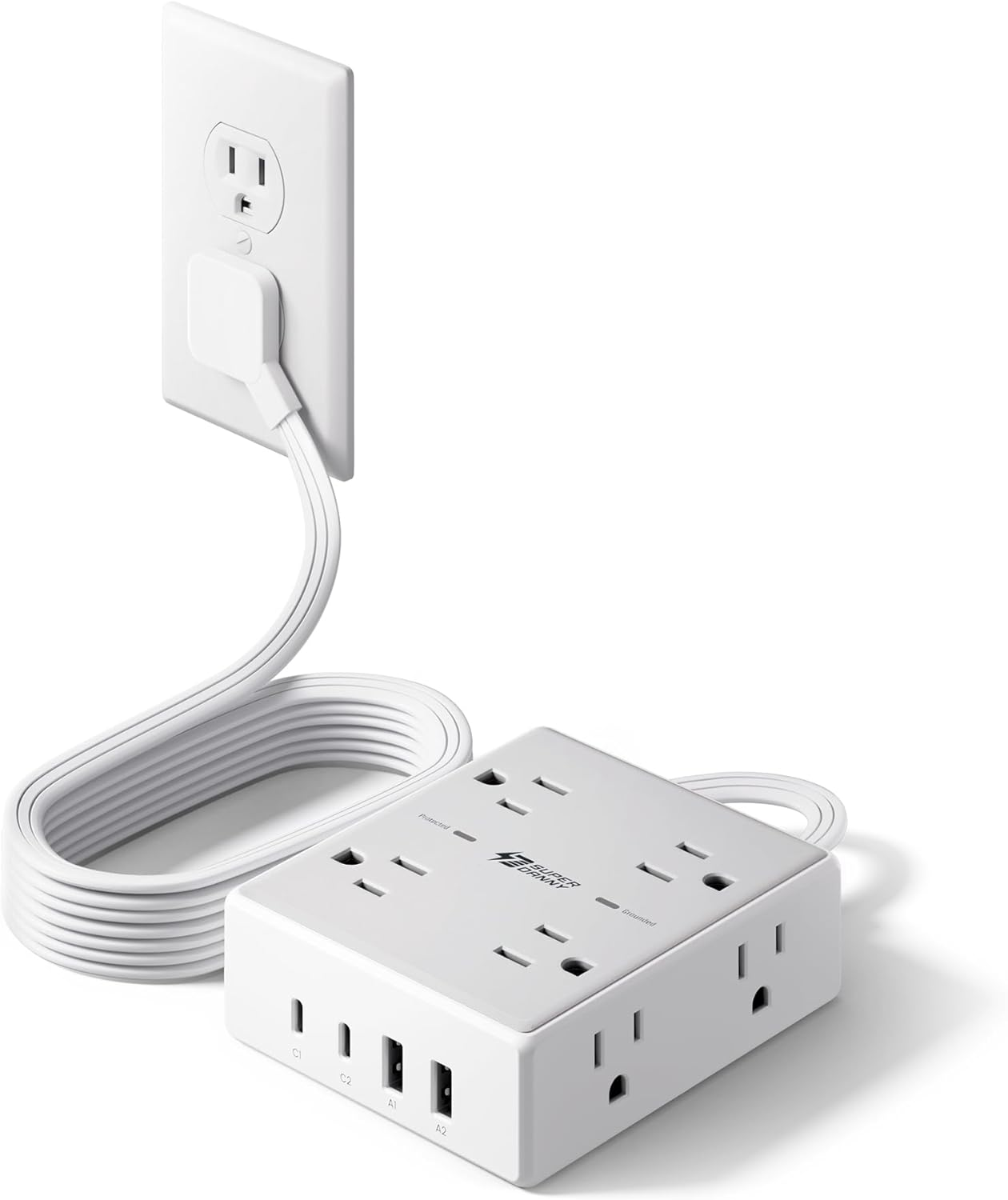 Surge Protector Power Bar, 6 Ft Extension Cord with 8 Outlets & 4USB Ports (2 USB 2 C), Mountable Flat Plug Power Strip, Surge Protection for Home, Office, Dorm