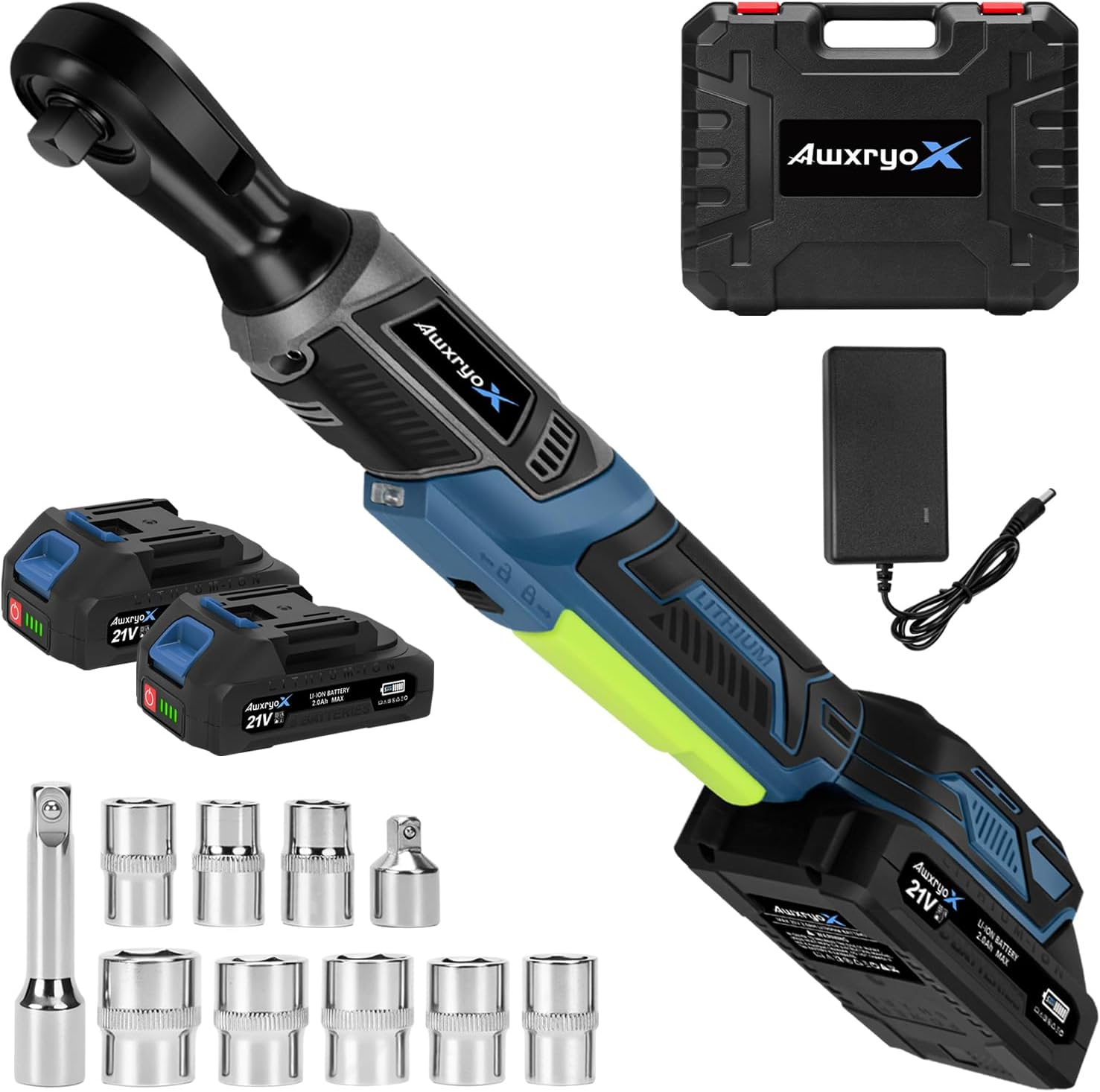 3/8" Cordless Ratchet Wrench, 120N.M (89 FT-LBS) 21V Brushless Power Ratchet Driver, Electric Ratchet Tool, 2×2.0Ah Batteries, 300RPM Variable Speed, 8 Sockets, 1/4" Adapter & 3" Extension Bar
