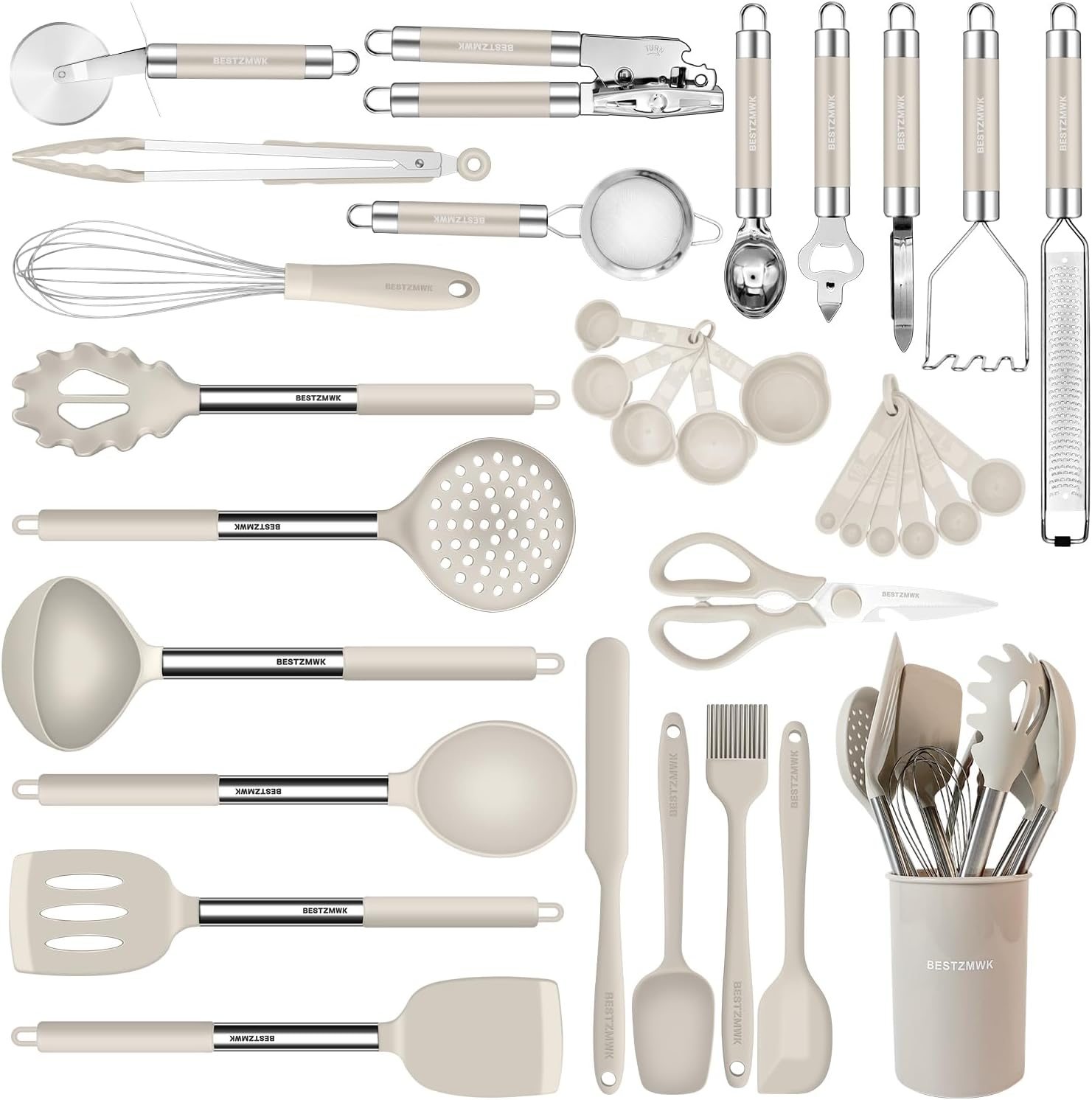 Kitchen Utensils Set-Silicone Cooking Utensils-33Pcs Non-Stick Silicone Cooking Kitchen Utensils Spatula Set with Holder-Best Kitchen Cookware with Stainless Steel Handle (Khaki)