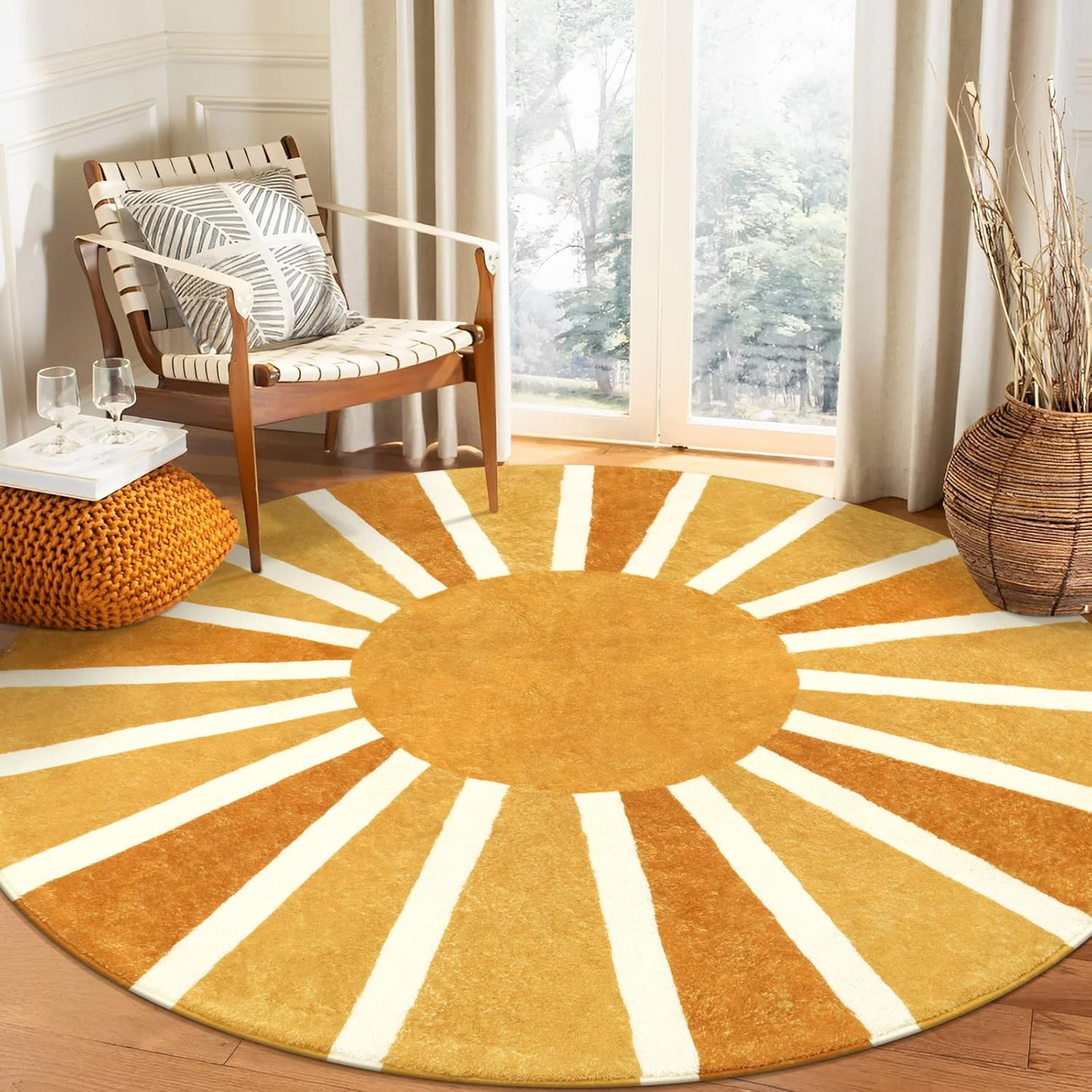 round Rugs 8Ft for Living Room, Soft Non-Slip Untra-Thin Boho round Dining Room Rug, Cute Rainbow Sun Print Carpet for Bedroom Nursery Kids Room