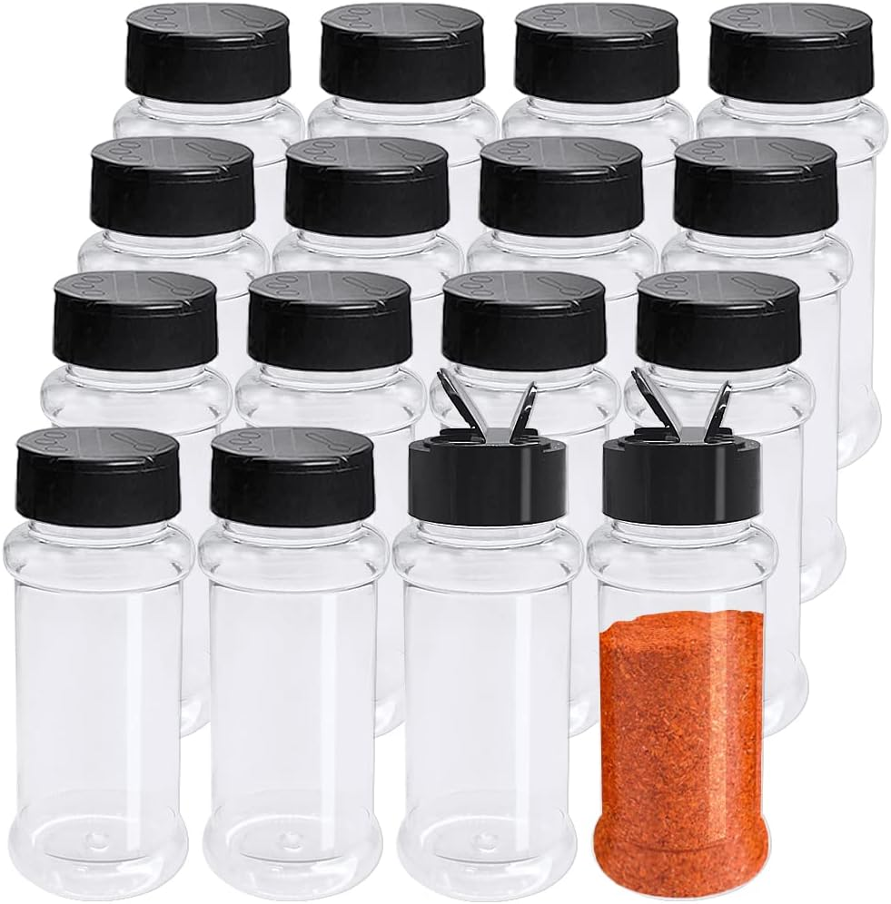 OJYUDD 16 Pack 3.4Oz/100Ml Plastic Spice Bottles Set,Empty Seasoning Containers with Black Cap,Clear Reusable Containers Jars for Spice,Herbs,Powders,Glitters