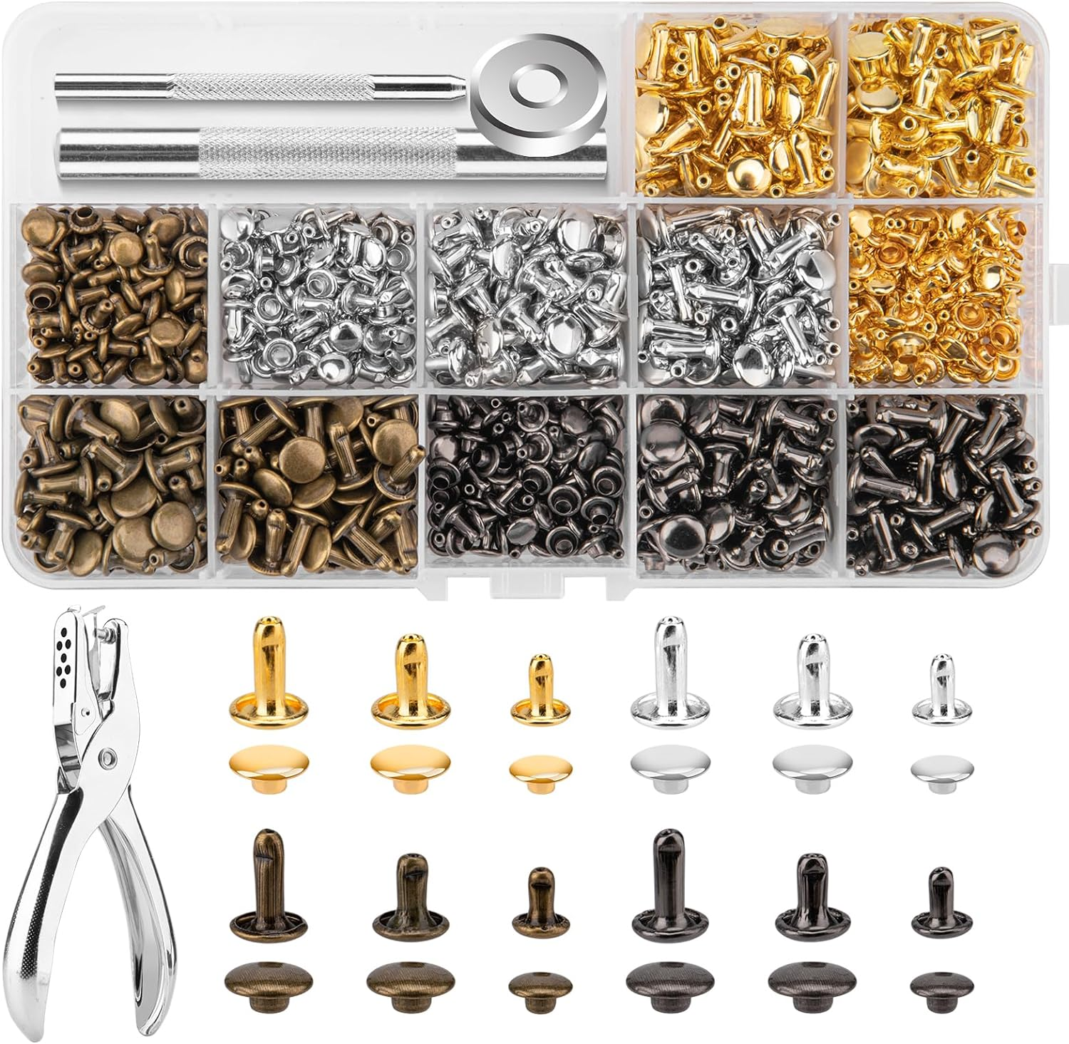 480 Sets Rivets for Leather, 4 Colors 3 Sizes Leather Rivets, Double Cap Rivets with 4 Setting Tools, Suitable for Leather, Shoes, Bags, Decoration