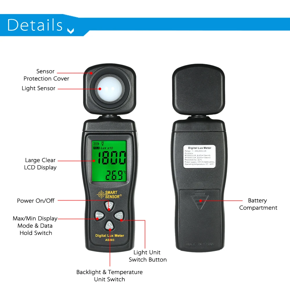 AS803 LED Display Digital Lux Meter High Precision Handheld Light Meter 0-200000 Lux Range for Warehouse Farm Stage Stadium