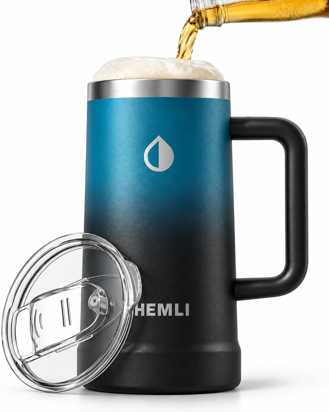 24 Oz Ceramic Lined Insulated Beer Mug with Lid - Stainless Steel Beer Stein - Triple-Wall Vacuum Insulated, Keeps Beer Ice Cold - Large Capacity, Leakproof Tritan Lid, Silicone Bottom