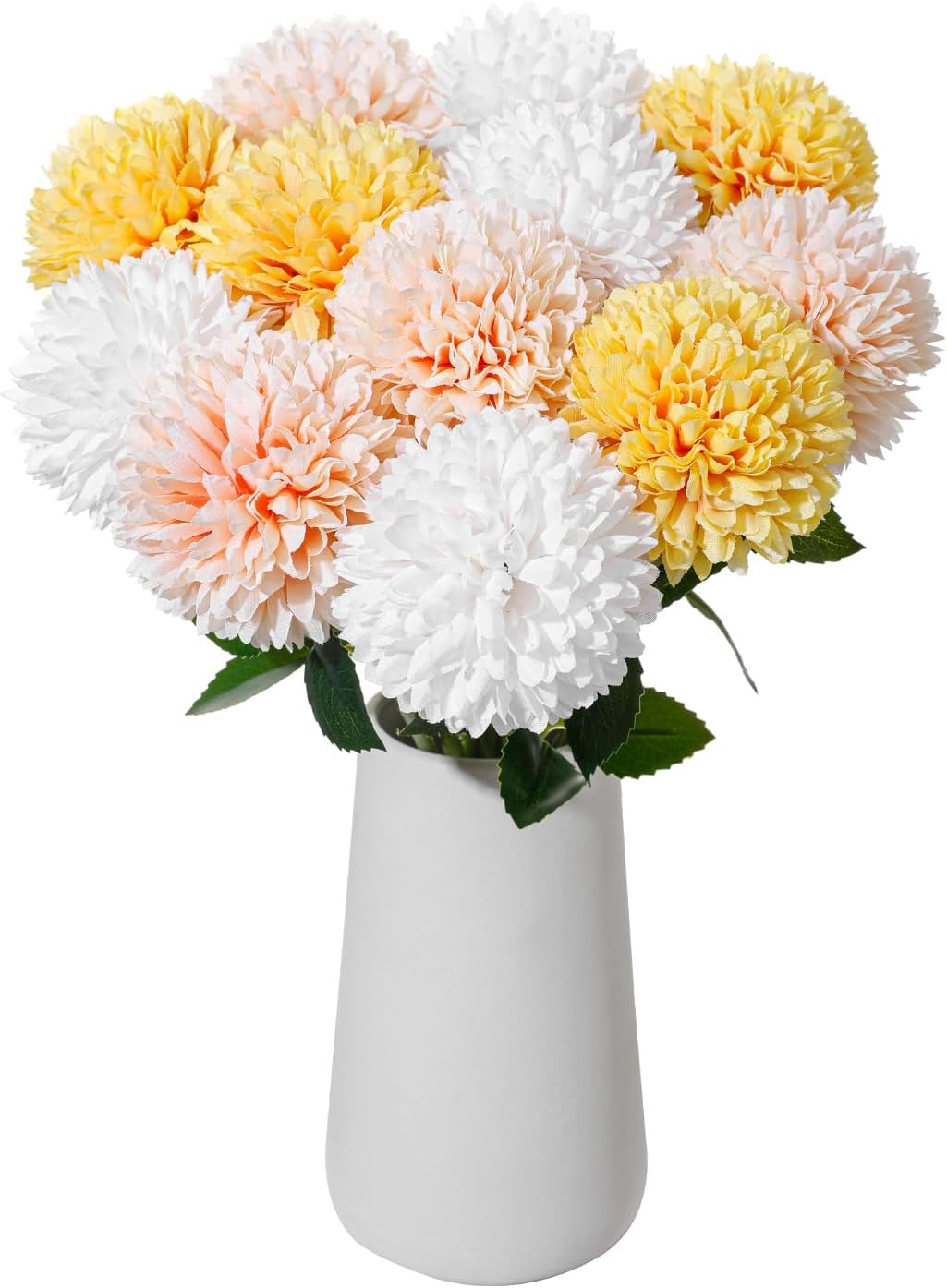 12Pcs Artificial Chrysanthemum Ball Flowers with Ceramic Vase, Faux Silk Mum Floral Arrangement for Table Centerpiece, Spring Home Decor, Wedding, Office, Coffee Display(White+Pink+Yellow)