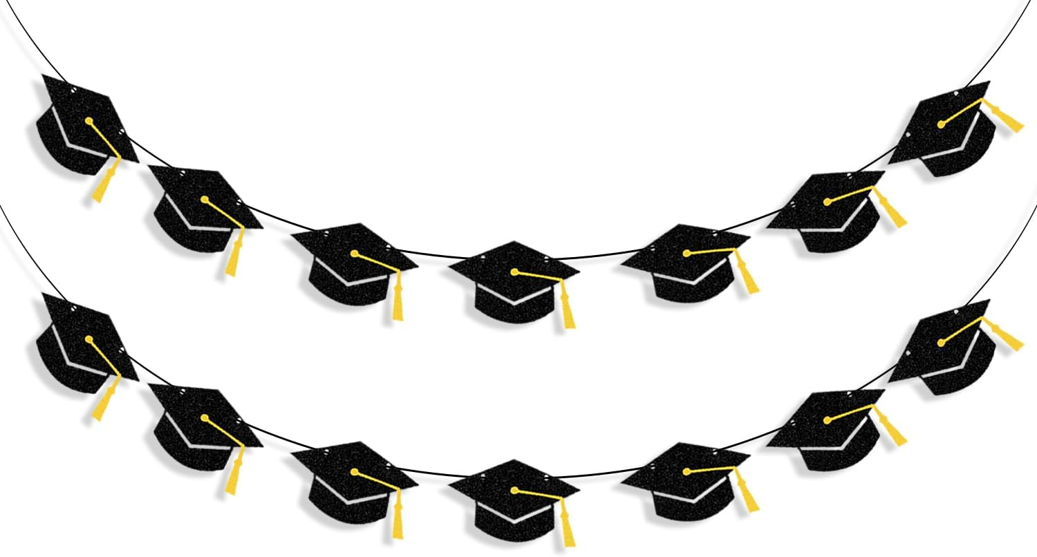 Graduation Decorations Class of 2025 Black Grad Banner Glitter Pre-strung Graduation Cap Banner for 2025 Congrats Grad Decor Party Supplies