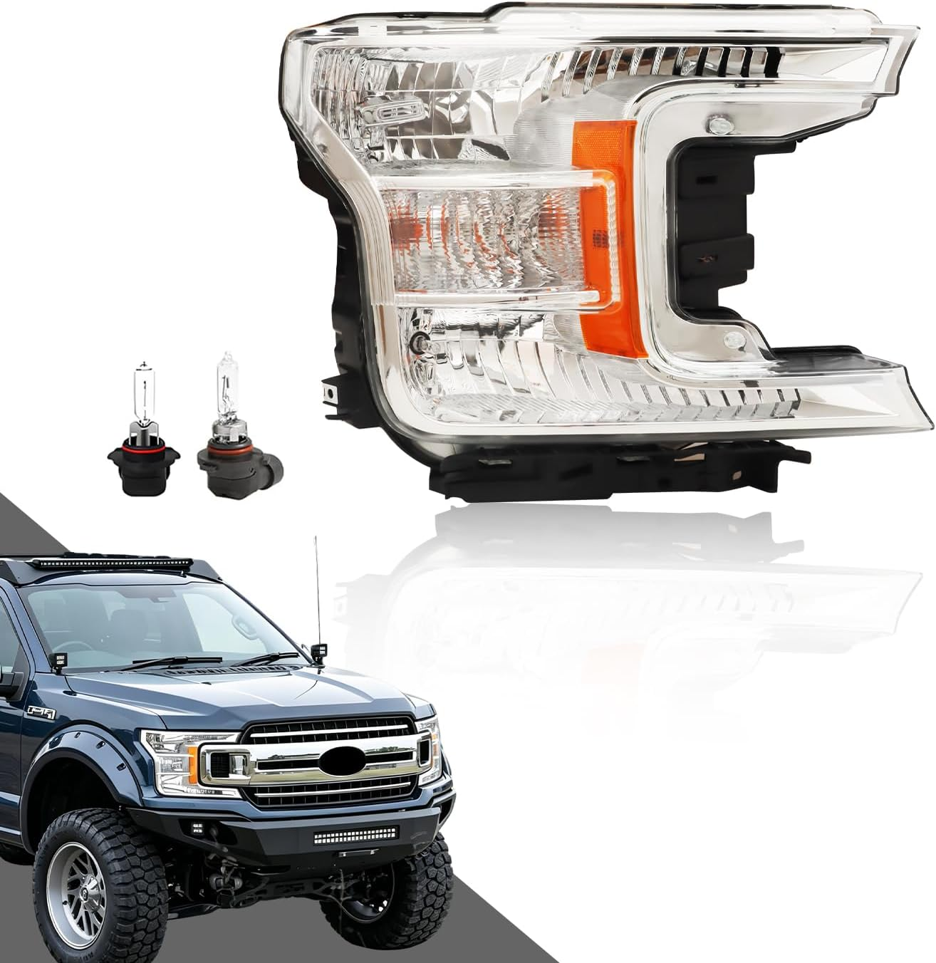 Headlight Assembly Compatible with F150 2018 2019 2020, [Bulbs Included] Right/Passenger Side, [Halogen Type] Headlamp Replacement with Clear Lens, OE Style