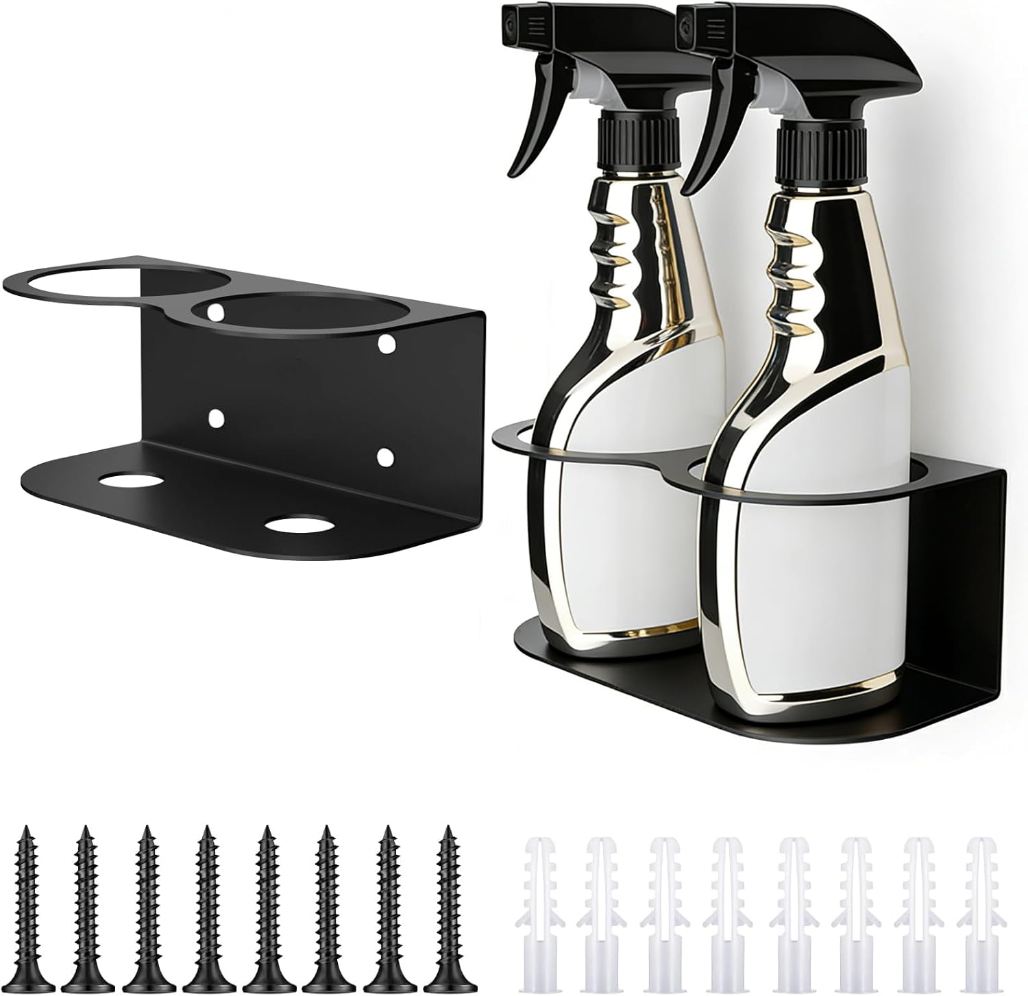 2 Pack Spray Bottle Holder Wall Mount, Heavy Duty Metal Spray Can Holder Rack Organizer with Double Holes, Multi-Purpose Bottle Storage Shelf with Hardware for Garage, Home, Workspace