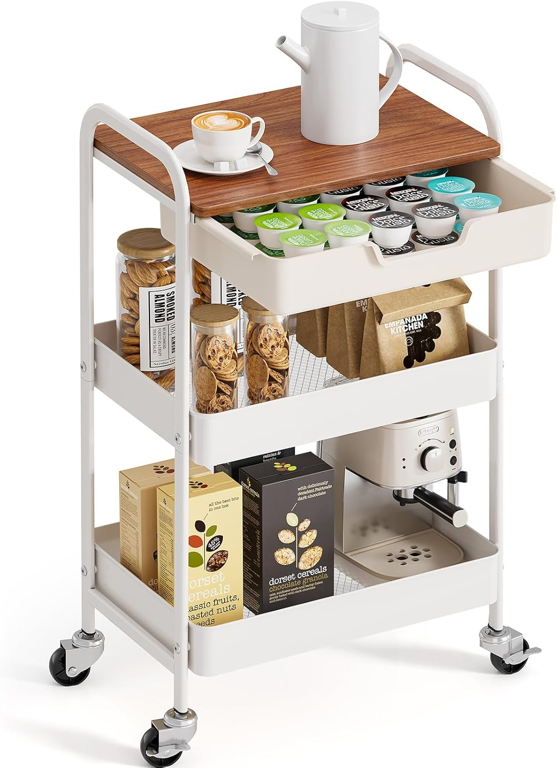 3-Tier Metal Utility Rolling Cart with Drawer & Wooden Table Top, Storage Cart White Trolley Kitchen Organizer Rolling Desk with Locking Wheels for Office, Classroom, Dorm, Bedroom