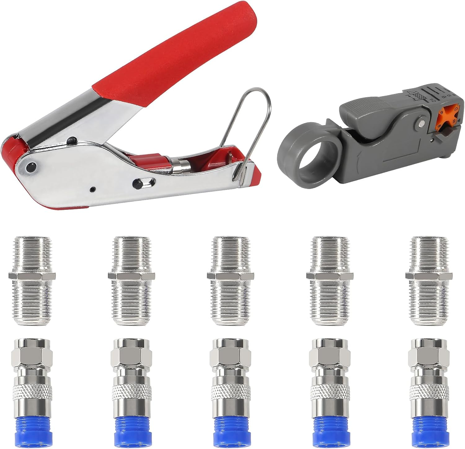 Coax Cable Crimper Tool Kit Coaxial Compression Tool Coaxial Cable Stripper with 5PCS RG6 F Type Connector Coaxial Compression Fitting + 5PCS Coaxial Cable Extension Adapter