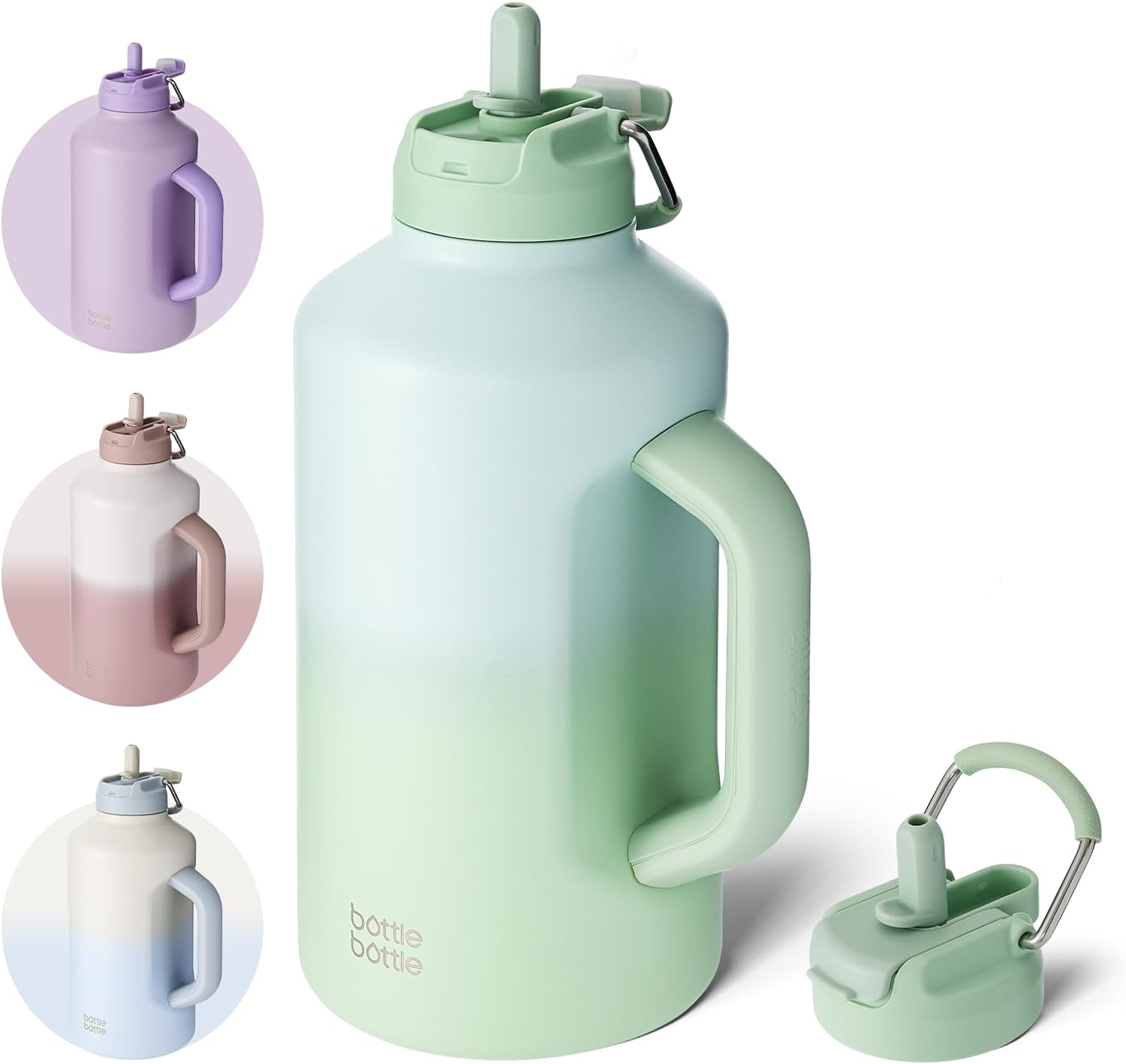 Insulated Water Bottle 64 Oz with Straw and Dual-Use Lid Stainless Steel Water Bottle with Handle Vacuum Insulated Jug for Workout and Sports Green Gradient