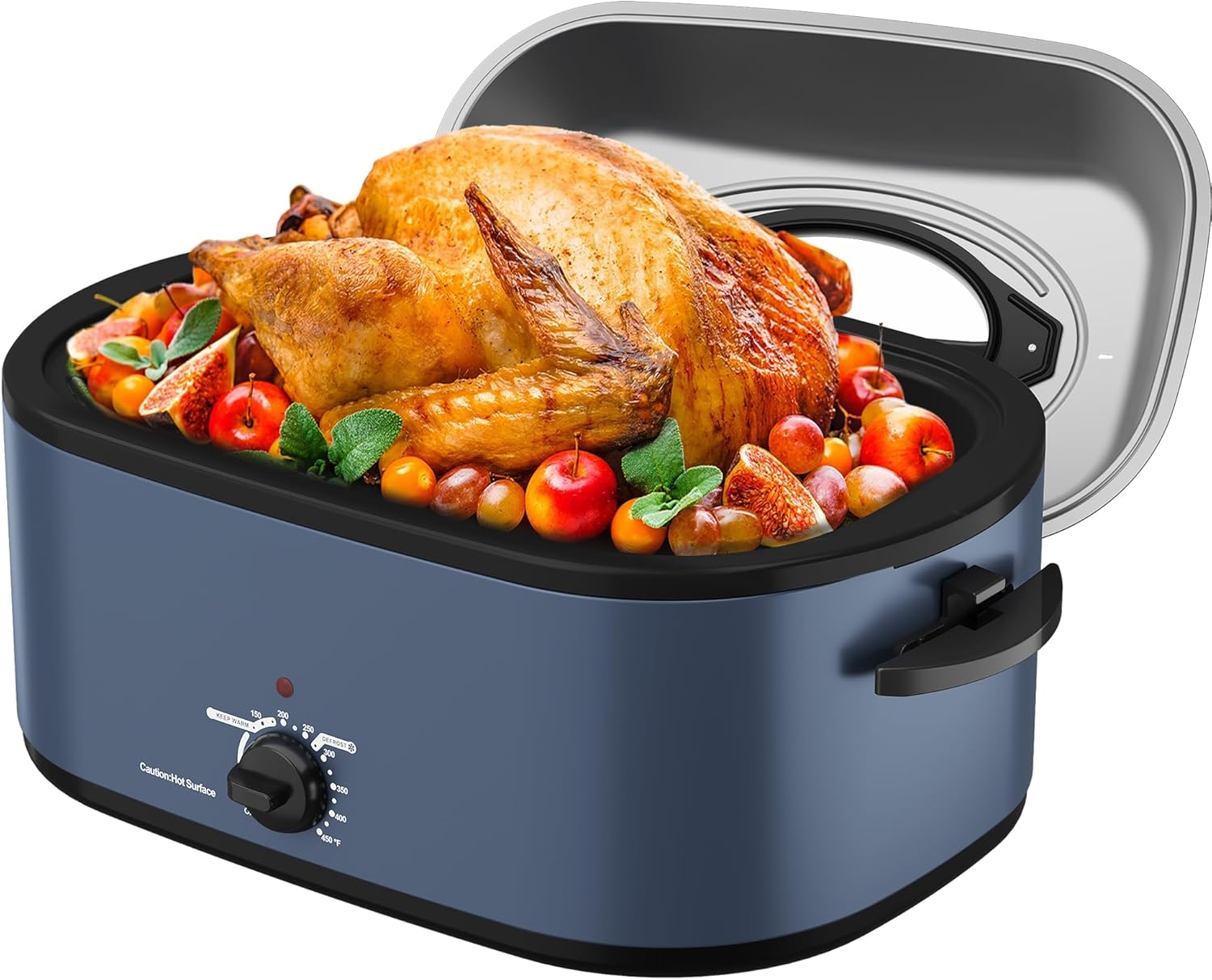 Roaster Oven 28 Quart, Electric Turkey Roaster with Self-Basting Lid, Removable Pan & Rack, Variable Temp Control, Stainless Steel, Blue