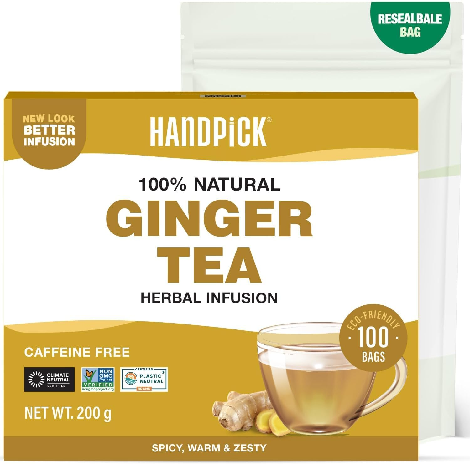 , Ginger Tea Bags (100 Herbal Tea Bags) 100% Pure Ginger Root - Caffeine Free, Gluten Free | Soothing & Spicy Blend | round Eco Conscious Teabags