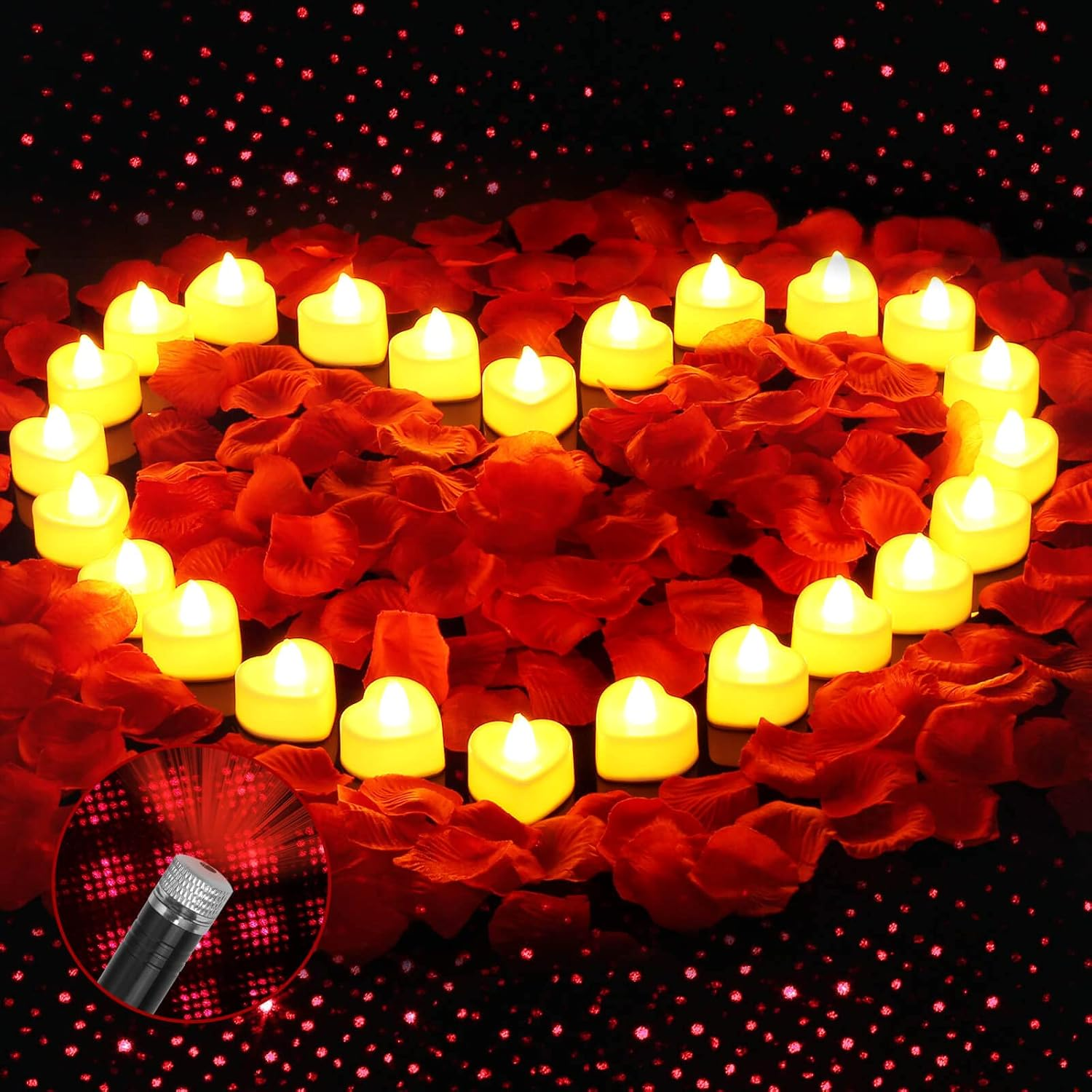 Romantic Decorations for Special Occasions - 2000Pcs Artificial Rose Petals & 24Pcs LED Candles, Star Night Light for Bedroom Hotel Decor, Date Night Ideas, Anniversary