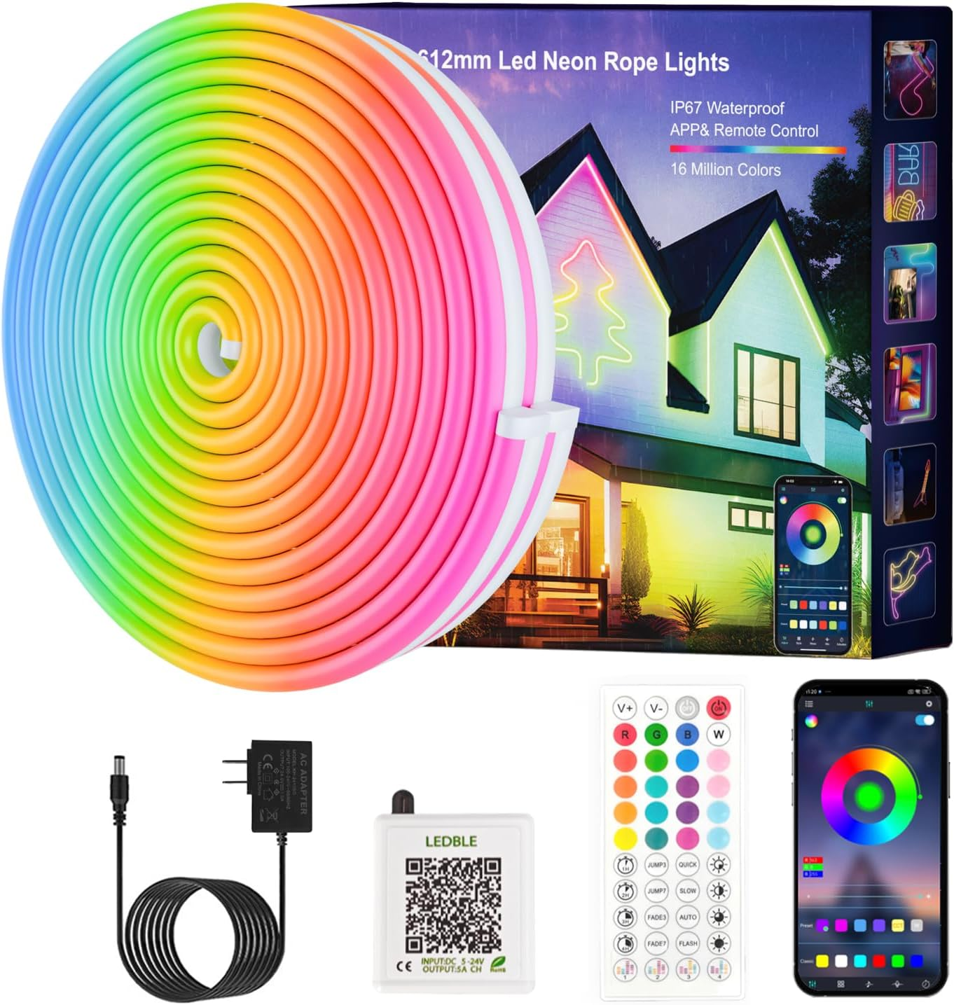 20FT Neon Rope Lights, RGB LED Strip Lights, App Control, IR Remote, Music Syncing, Outdoor IP67 Waterproof, Flexible Neon Strip Lights Cuttable for Bedroom, Gaming, Party, Outdoors Decor