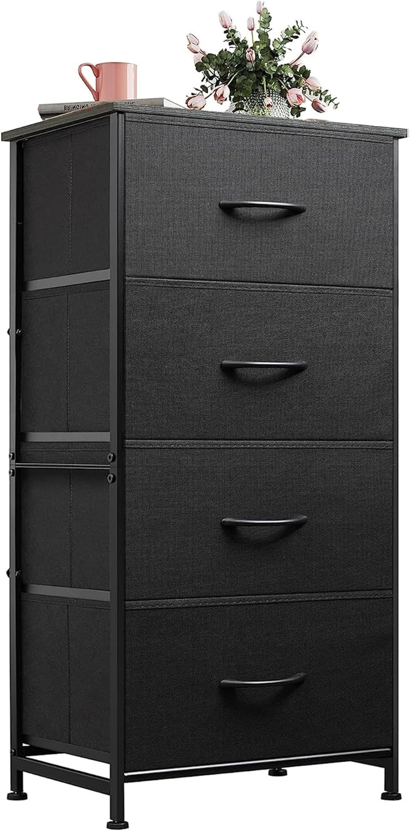 Dresser with 4 Drawers, Fabric Storage Tower, Organizer Unit for Bedroom, Hallway, Entryway, Closets, Sturdy Steel Frame, Wood Top, Easy Pull Handle, Charcoal Black