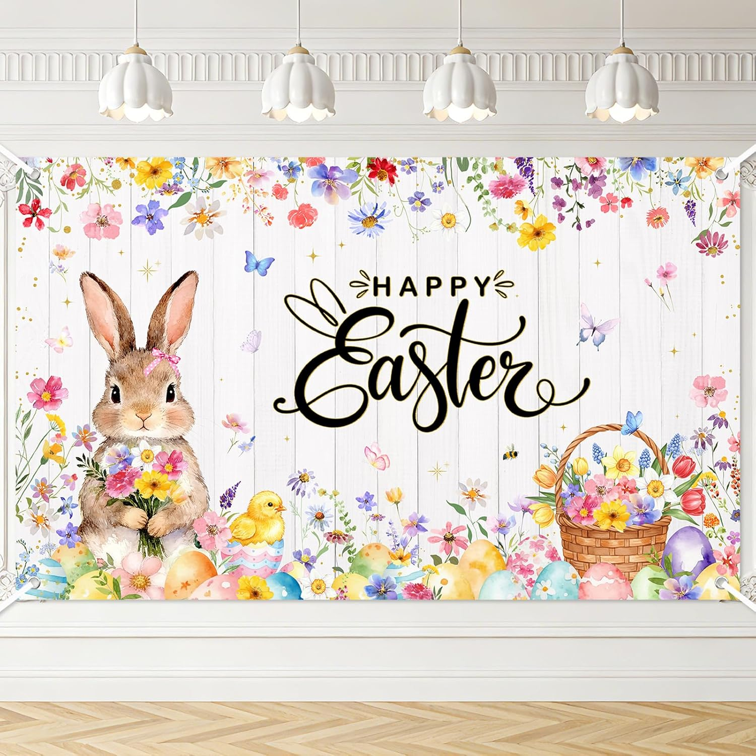 Happy Easter Backdrop Happy Easter Banner Party Decorations Colorful Wildflower Egg Bunny Spring Banner Party Supplies (6X3.6Ft)