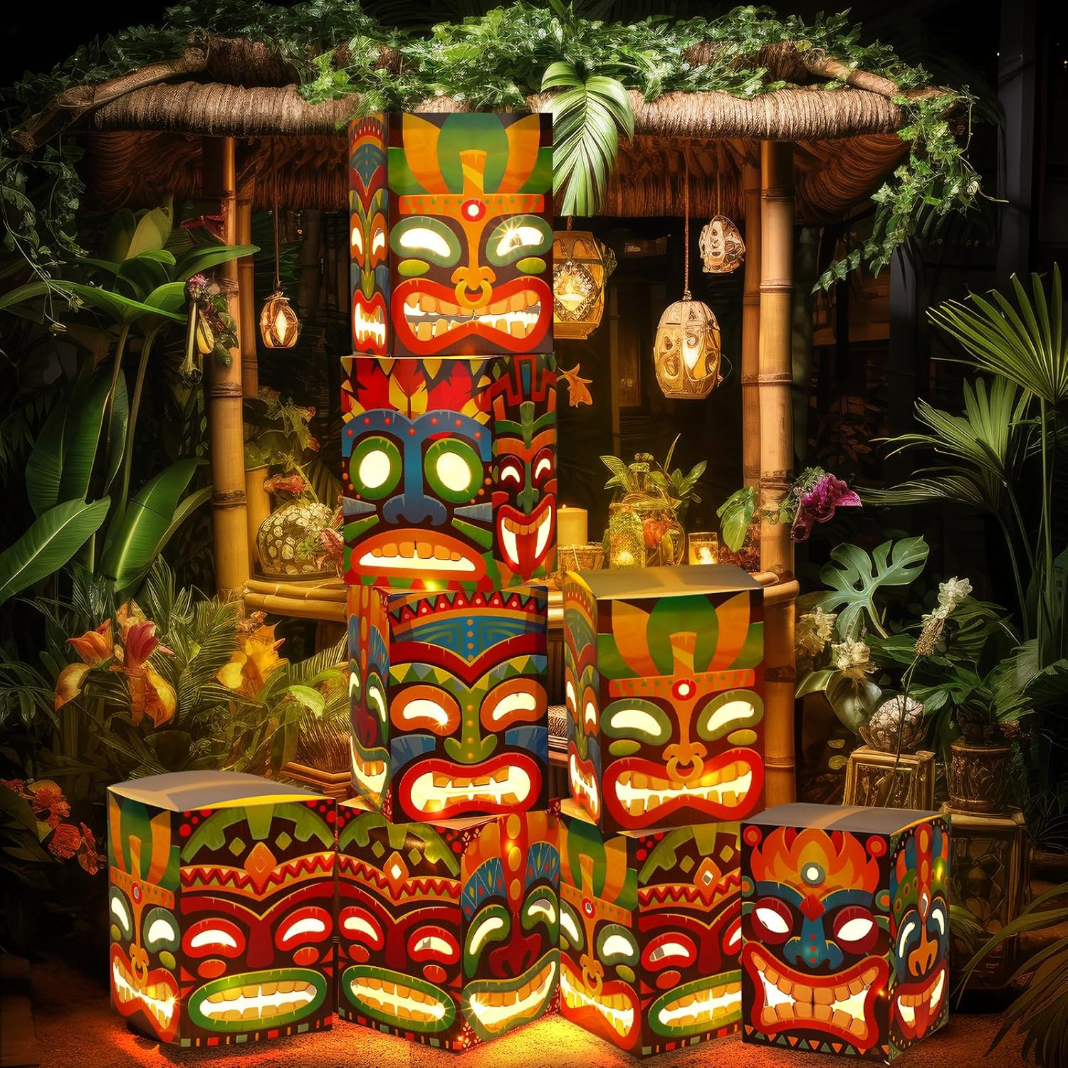 8 Pcs Tiki Totem Box Decor with Light, Luau Party Decorations for Hawaiian Birthday Party Tropical Aloha Decor 9.84 X 7.09 Tiki Lighted Gift Boxes for Garden Patio Porch Outdoor Decor