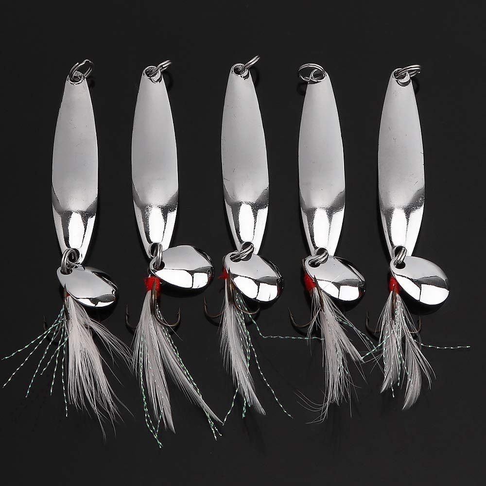 5Pcs Spoons Lures Fishing Kit - Metal Spinner Baits with Treble Hooks For