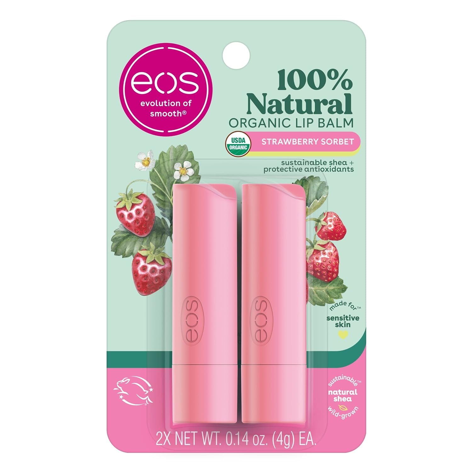 Natural Organic Lip Balm Sticks - Strawberry Sorbet, 2-Pack, 0.14 oz