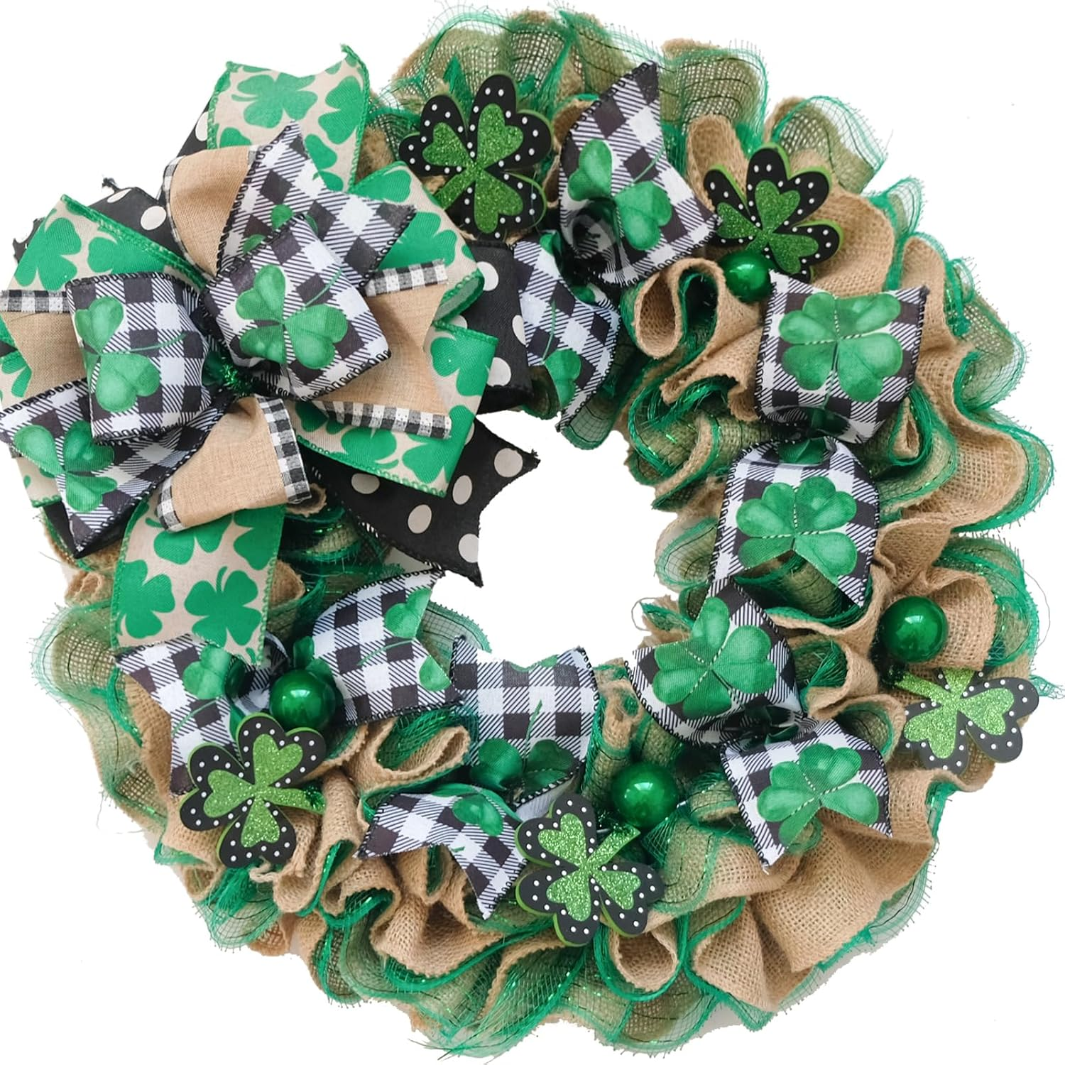18 Inch St. Patrick'S Front Door Linen Wreath Artificial Lucky Shamrock with Mesh Bowknot Rustic Green Wreath for Farmhouse Home Door Porch Wall Party Spring/Summer Decor