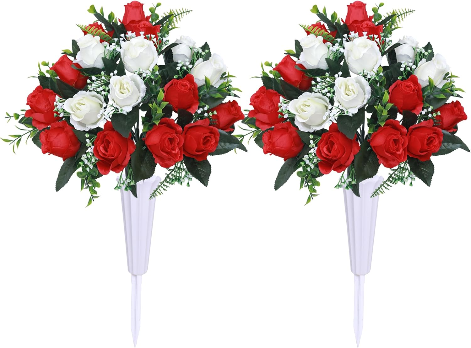 Set of 2 Artificial Cemetery Flowers with Vase,Grave Memorial Day Flowers for Cemetery Headstones Gravesites (Red,White)