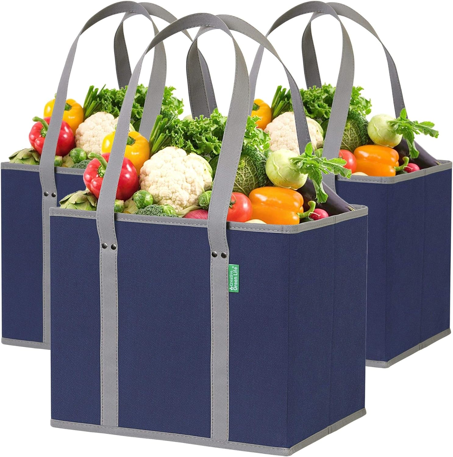 Reusable Grocery Bags (3 Pack) – Heavy Duty Reusable Shopping Bags with Box Shape to Stand Up, Stay Open, Fold Flat – Large Tote Bags Are Foldable with Long Handles & Hard Bottom (Navy Blue)