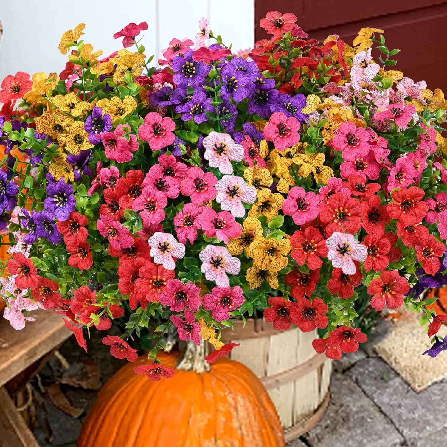 Artificial Flowers for Outdoor, UV Resistant Fake Silk Flowers, Realistic Faux Plants for Outside Indoor Porch Patio Window Box Planter Home Decor (20, Yellow Purple Rosy Pink Red)
