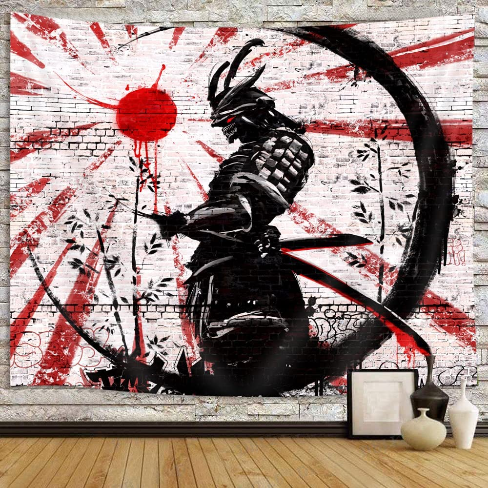 Itapnoom Japanese Samurai Art Decor Tapestry Wall Hanging for Bedroom, Cool Anime Red and Black Sun Moon Poster Wall Art Tapestries for Men, Asian Japan Male Blanket College Decorations (60X51)