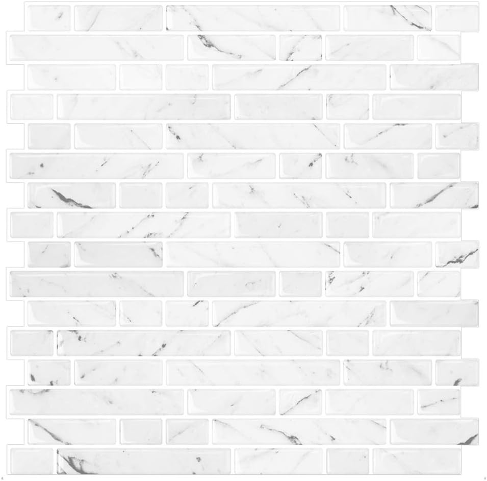 10-Sheet White Marble Look Peel & Stick Backsplash, 12”X12” Stick on Wall Tiles for Kitchen Backspalsh (Thicker Design)