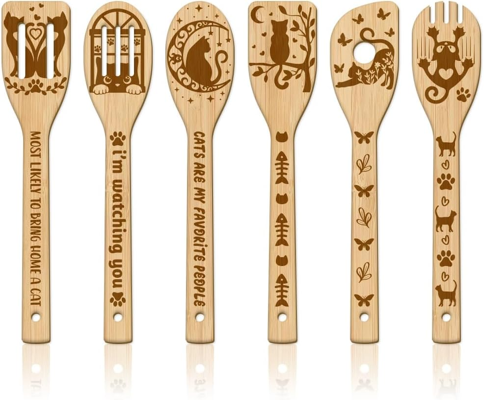 GLOBLELAND 6Pcs Cat Bamboo Cooking Utensils Wooden Engraved Cooking Spoons Set Carving Kitchen Bamboo Spatula Set for Women and Men Wood Cooking Spoon for Kitchen House Warming Gift